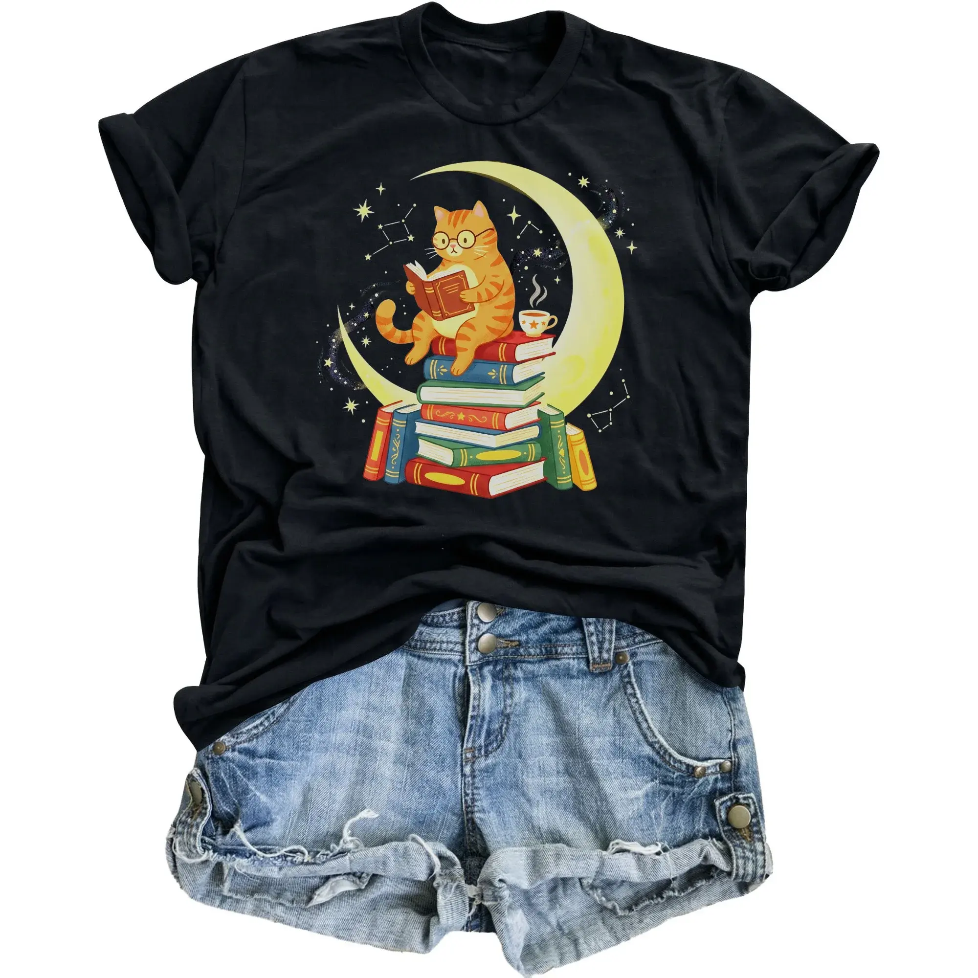 Graphic Tee Unisex Reading Cat on of Books T-Shirt Featuring Celestial Moon Design for Casual Wear