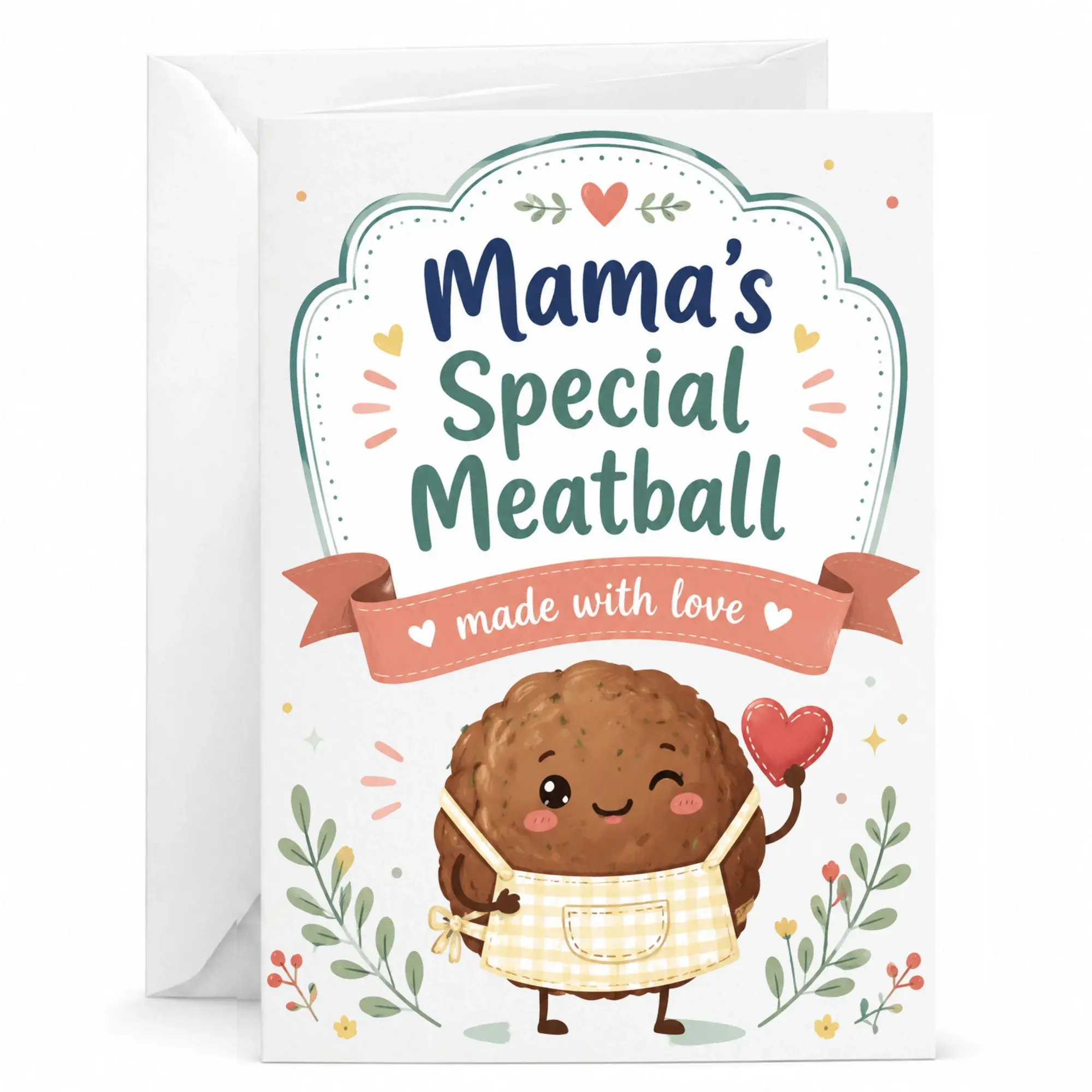 Funny Mama's Special Meatball Greeting Card with Envelope, Whimsical Character Design for Mother's Day and Birthday