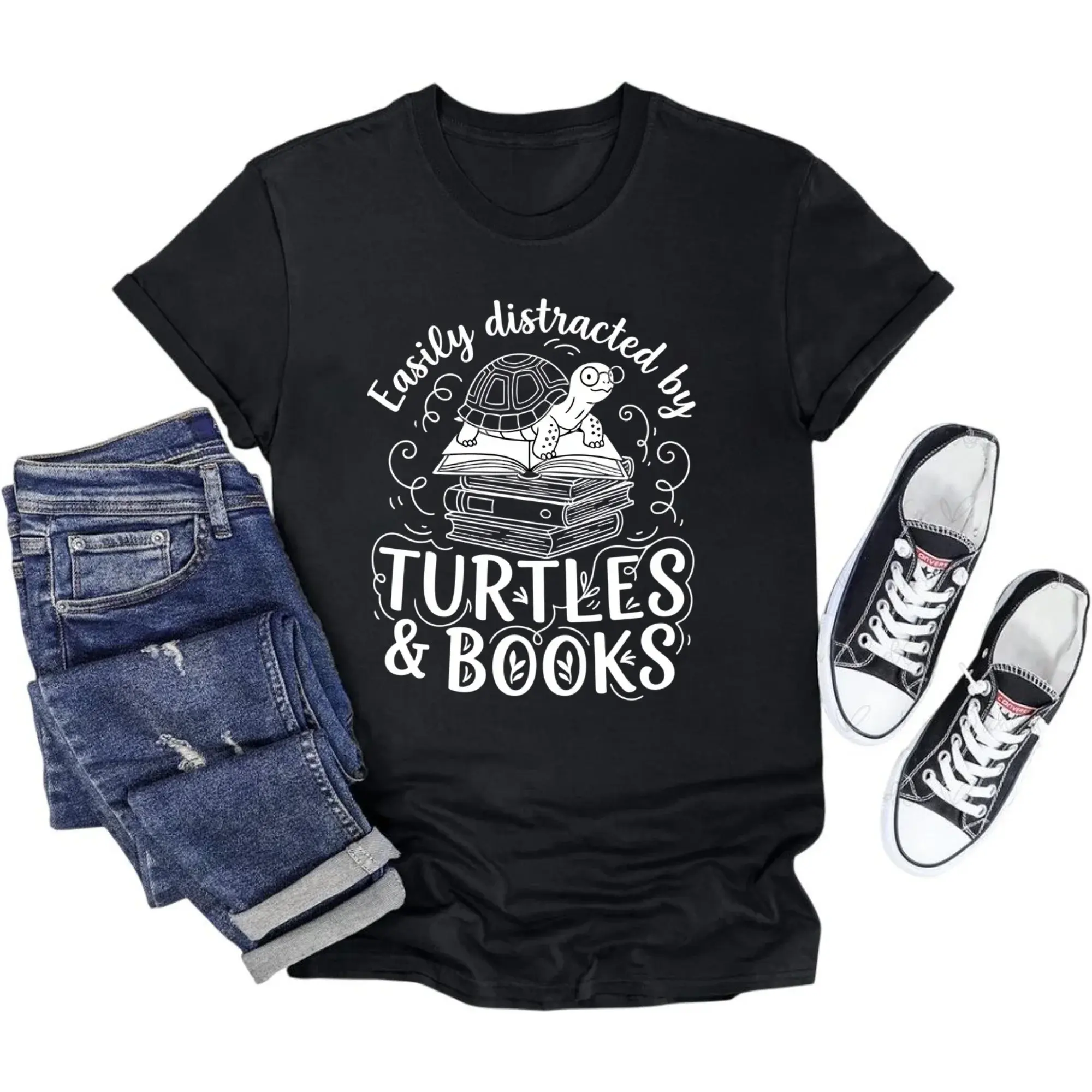 Funny Graphic Tee Easily by Turtles and Books Unisex Crew Neck Casual Cotton Blend Short Sleeve Shirt