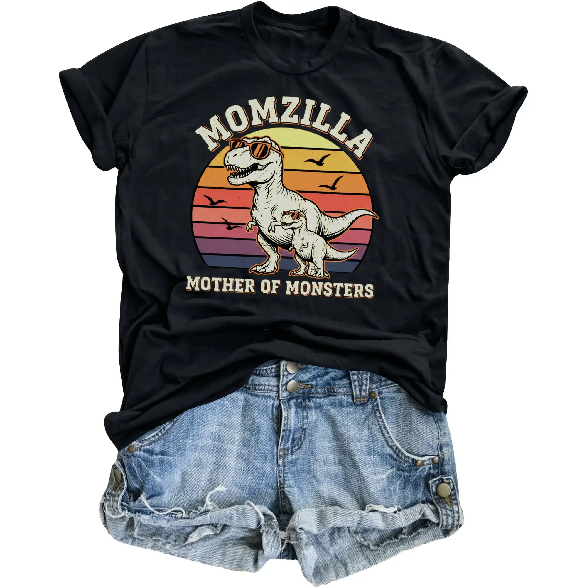 Funny Momzilla Graphic Tee Retro Dinosaur Mother of Monsters Unisex Casual Crew Neck Printed Cotton Blend T-Shirt