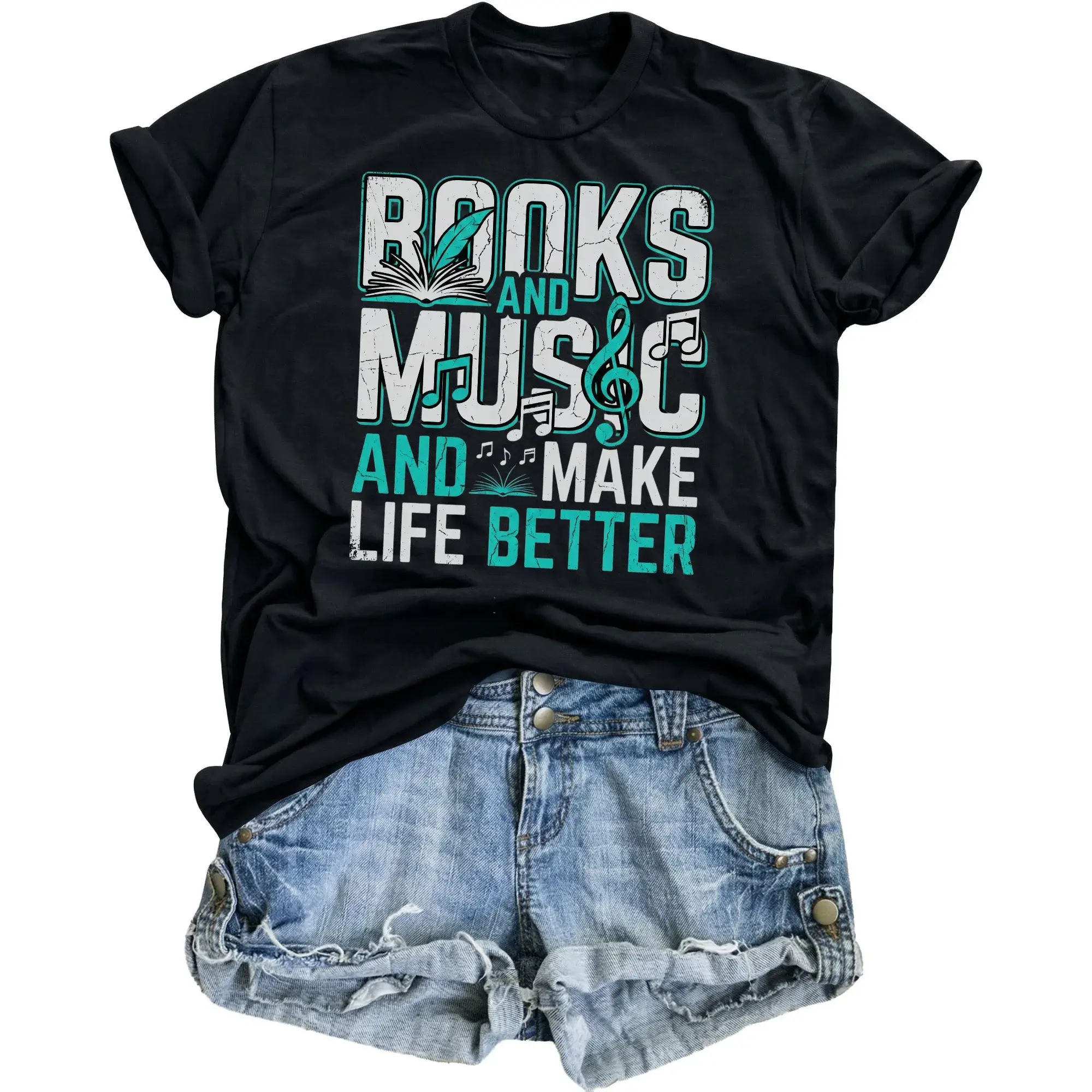 Graphic Tee Books and Music Make Better Unisex Shirt Soft Cotton Casual Short Sleeve Apparel for Readers