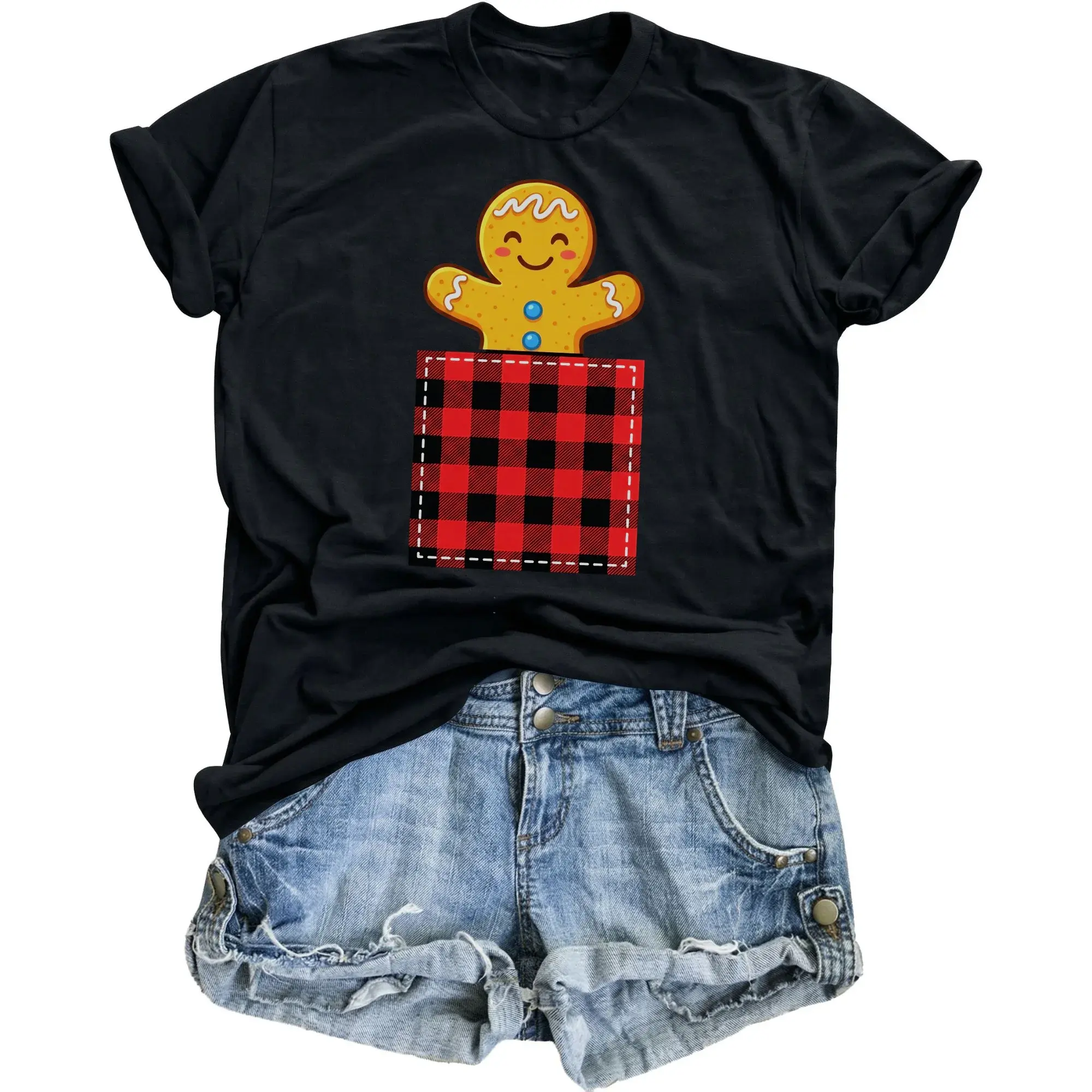 Graphic Tee Unisex Gingerbread Man in Red Plaid Pocket Winter Holiday Design Soft Cotton Everyday Casual Shirt
