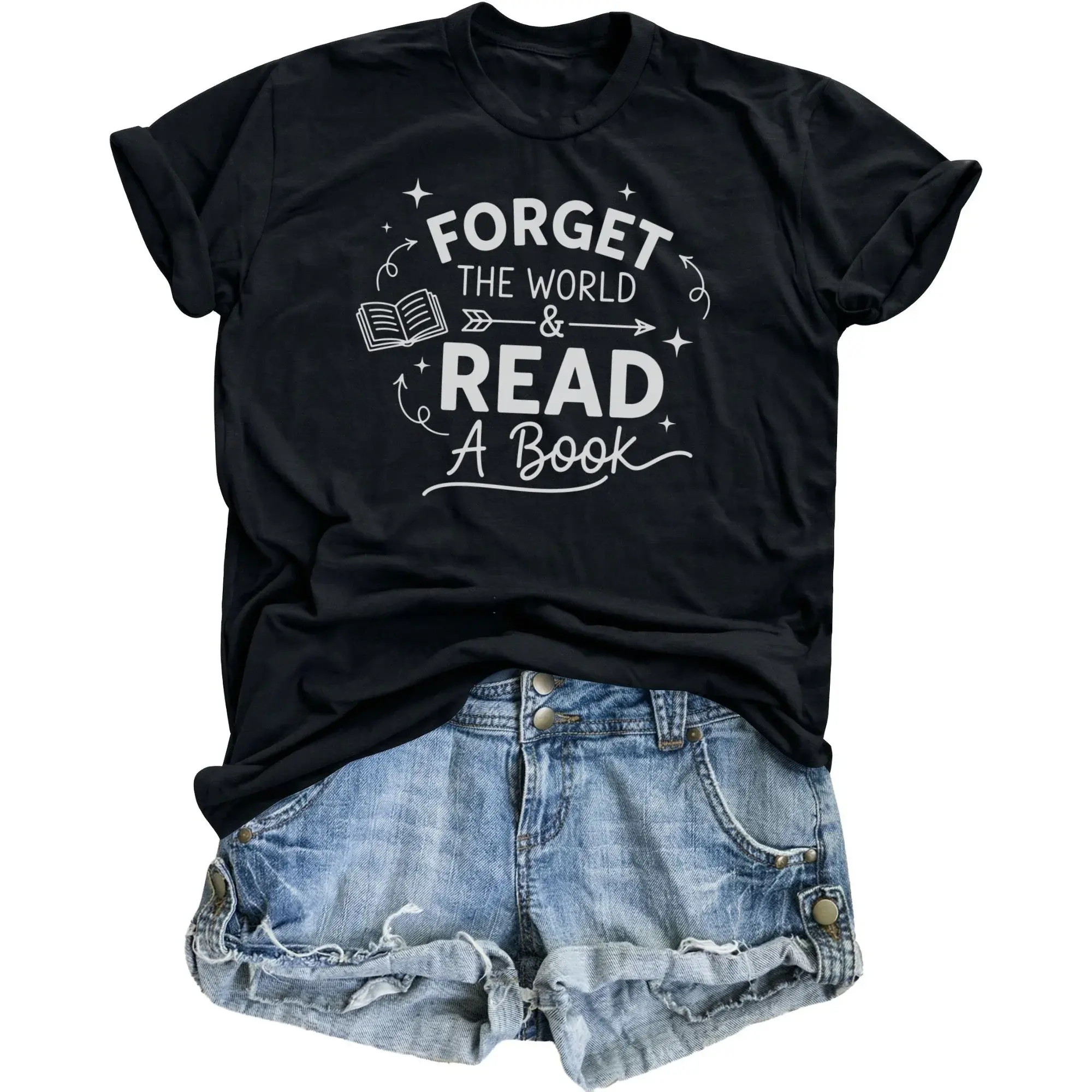 Graphic Tee Forget the World and Read a Book Unisex Shirt Casual Cotton Blend Crew Neck Apparel for Lovers