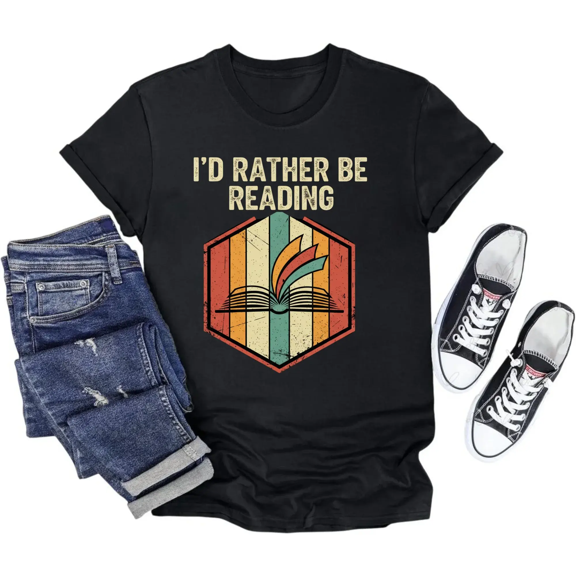 Graphic Tee I'd Rather Be Reading Vintage Style Book Lover Unisex Crew Neck Short Sleeve Casual Cotton Blend Shirt