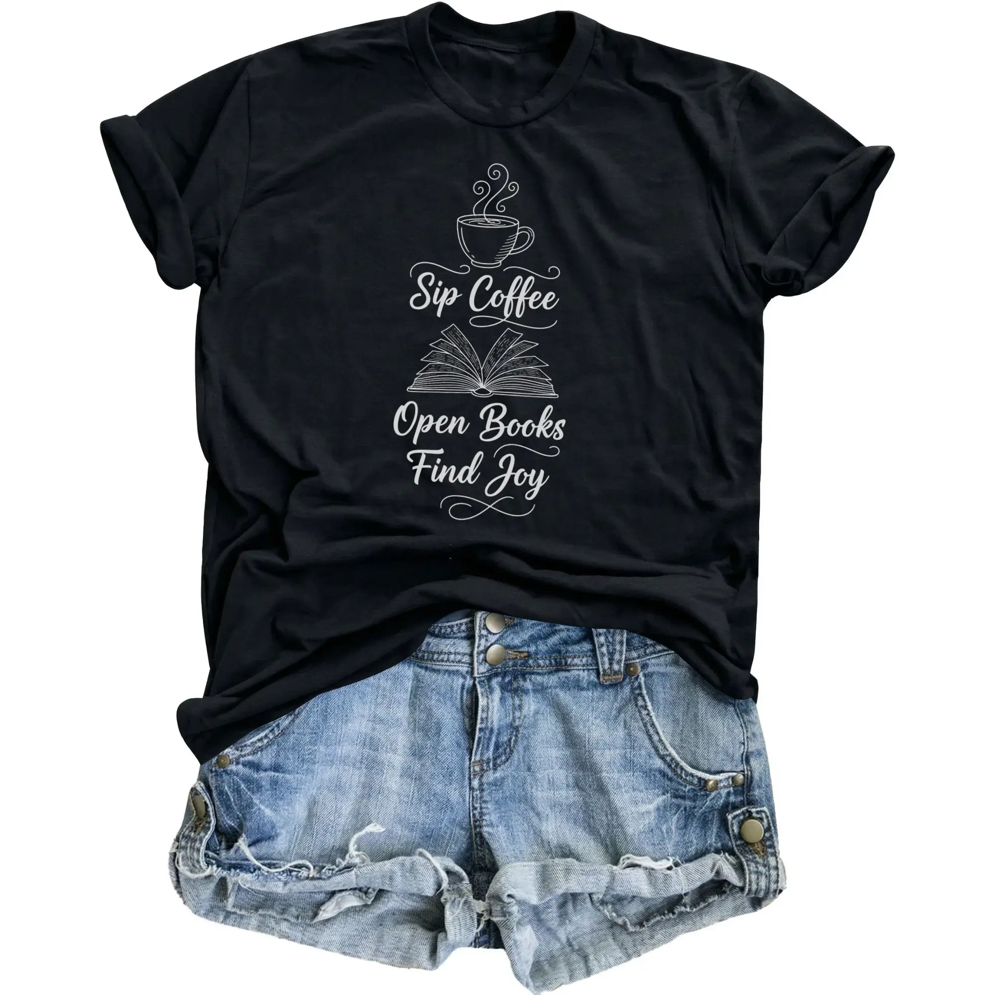 Graphic Tee Sip Coffee Find Joy Unisex Casual Cotton Blend Crew Neck Shirt for Readers and Lovers