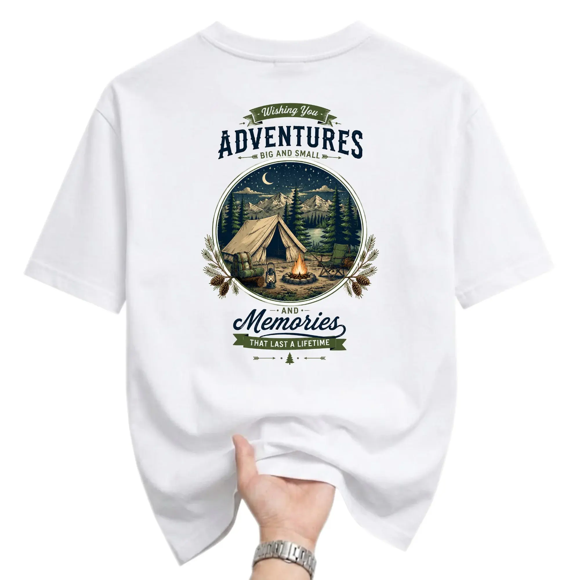 Graphic Tee Unisex Adventures and Memories Camping Design White Cotton Crew Neck Casual Short Sleeve Summer Shirt