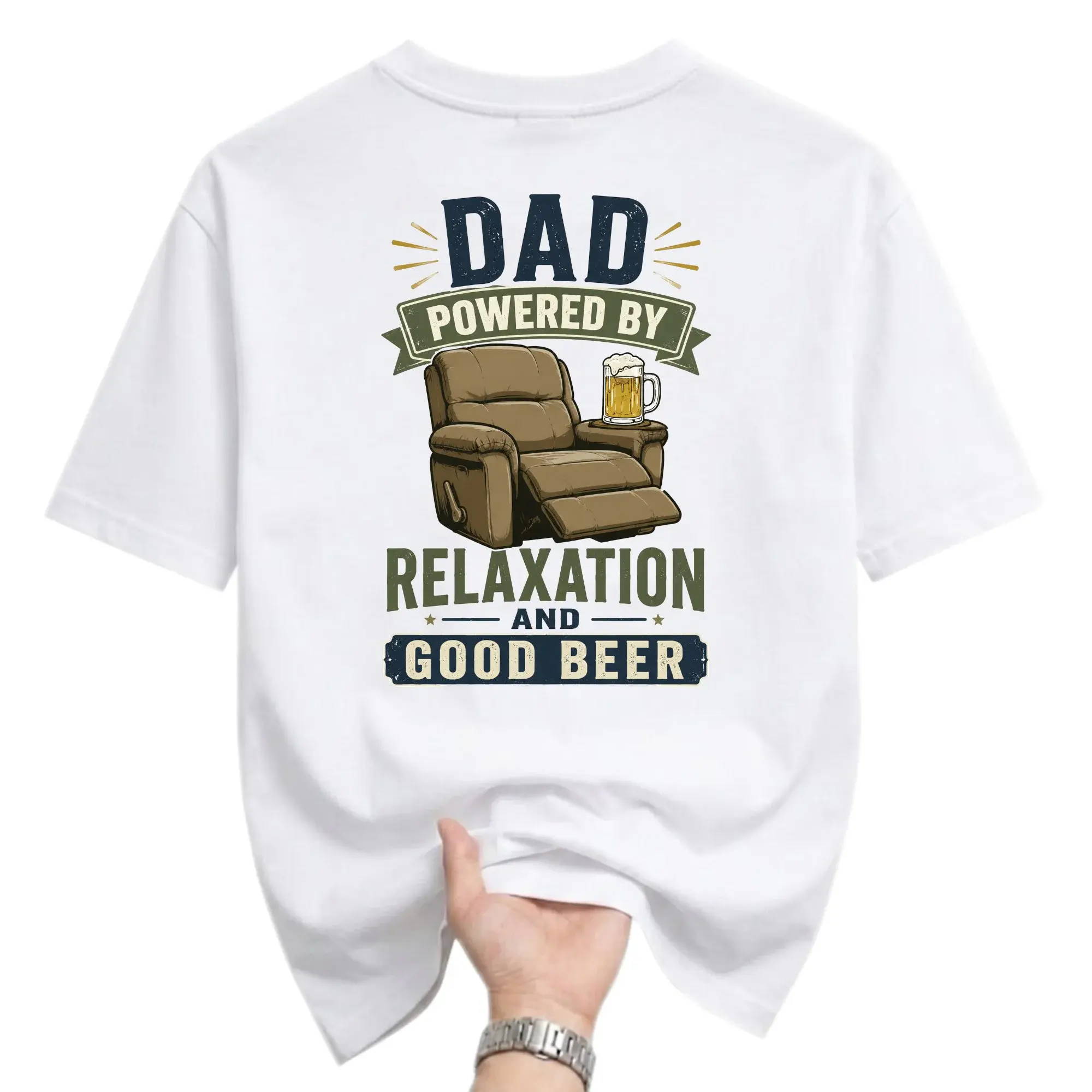 Funny Shirt Dad Powered by Relaxation and Good Beer Graphic Tee Unisex Crew Neck Casual Cotton Blend Apparel