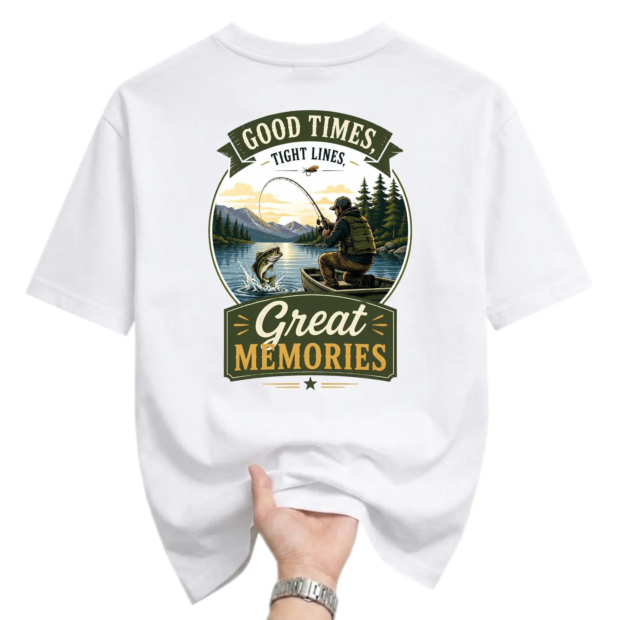 Graphic Tee Good Times Fishing Adventure Shirt Unisex Crew Neck Outdoor Lover Apparel White