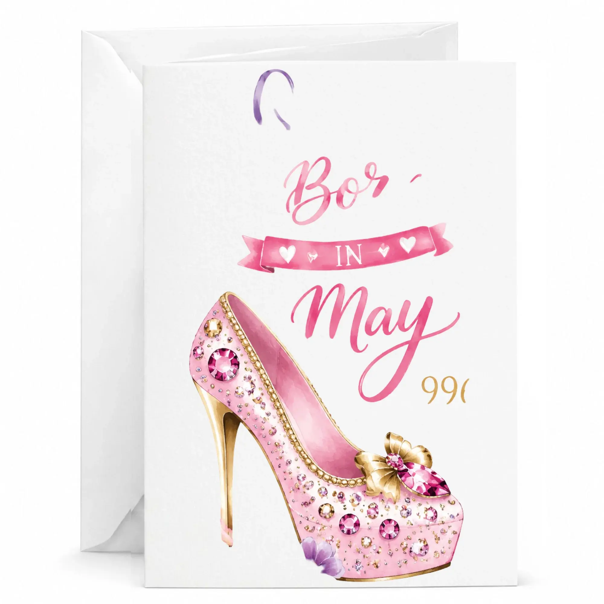 Birthday Card Born in May Pink Stiletto Shoe Fashion Design Elegant Greeting Card for Her with Matching White Envelope