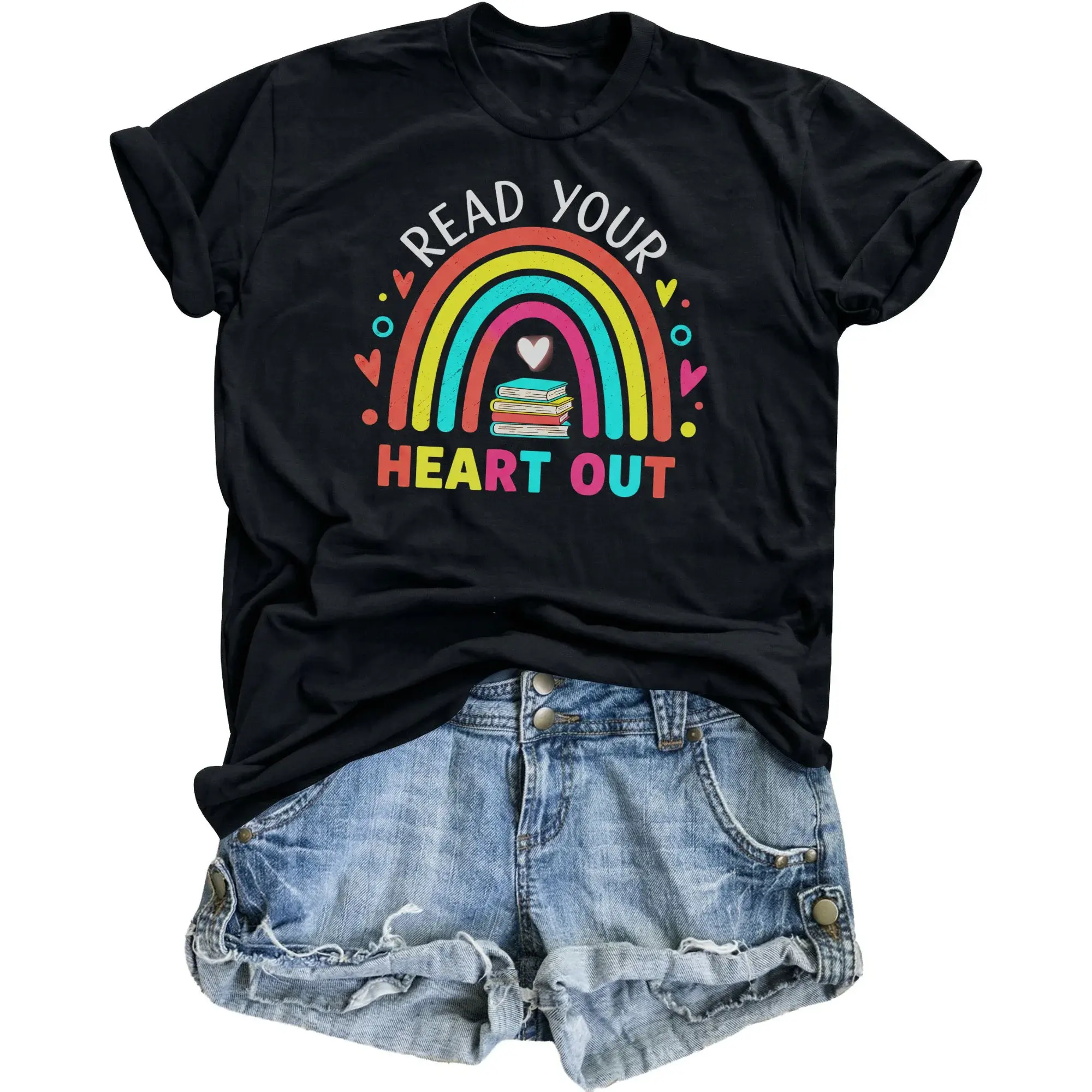 Graphic Tee Read Your Heart Out Rainbow Book Design Unisex Casual Soft Crew Neck Cotton Blend Printed Shirt