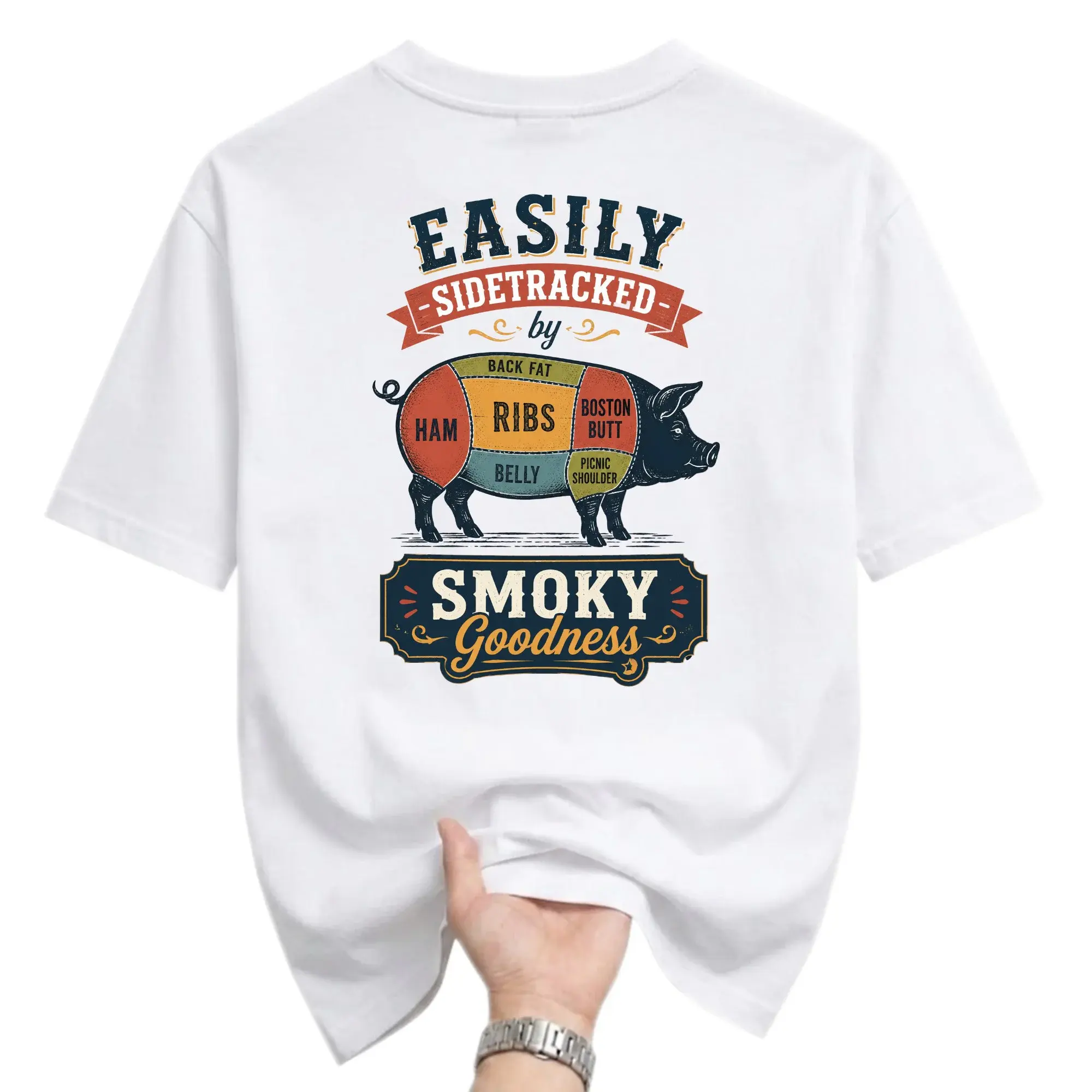 Funny Shirt Easily Sidetracked by Smoky Goodness Diagram Graphic Tee Unisex Crew Neck Casual Cotton Blend Apparel