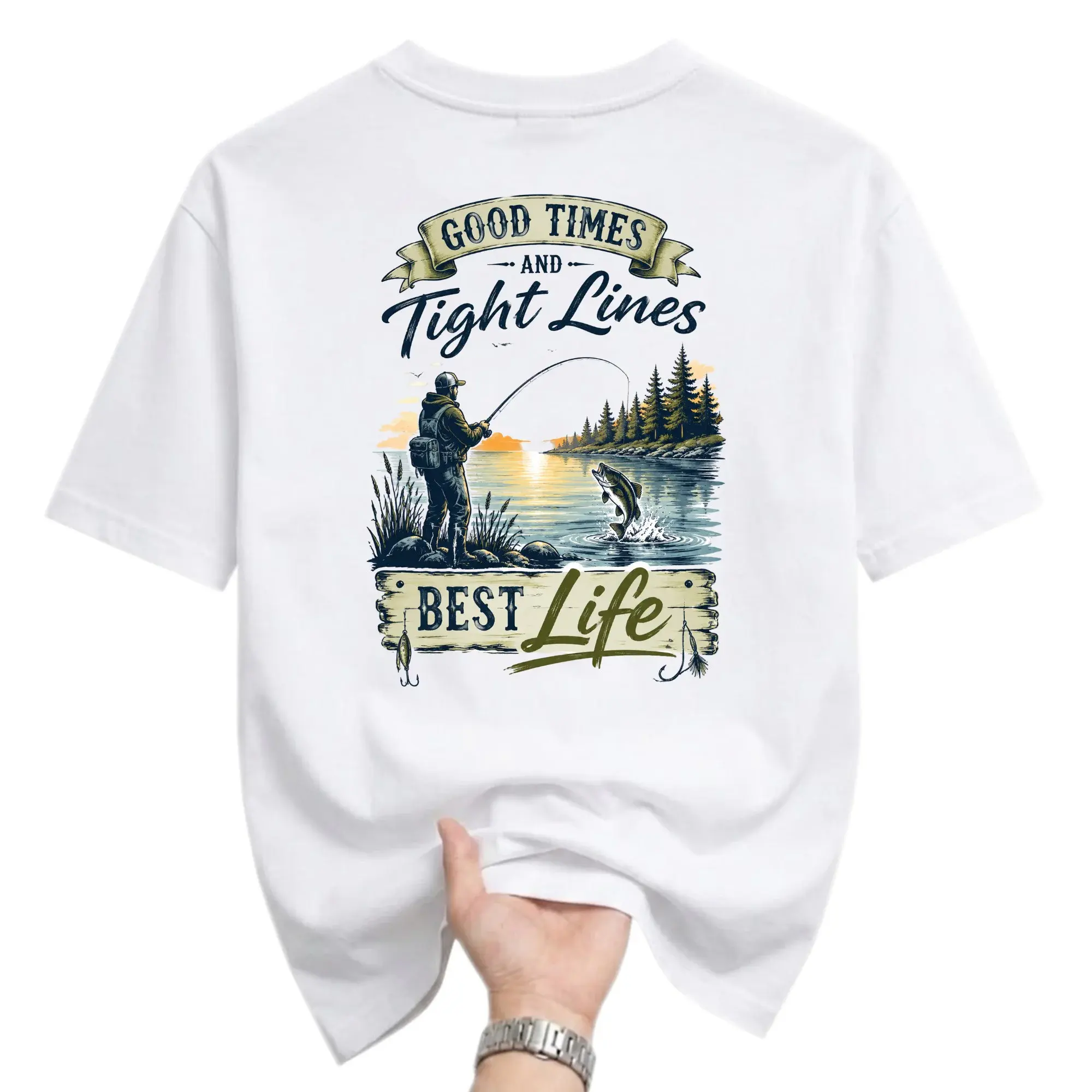 Graphic Tee Good Times and Fishing Shirt for Outdoors Enthusiasts Casual Unisex Short Sleeve Crew Neck Top