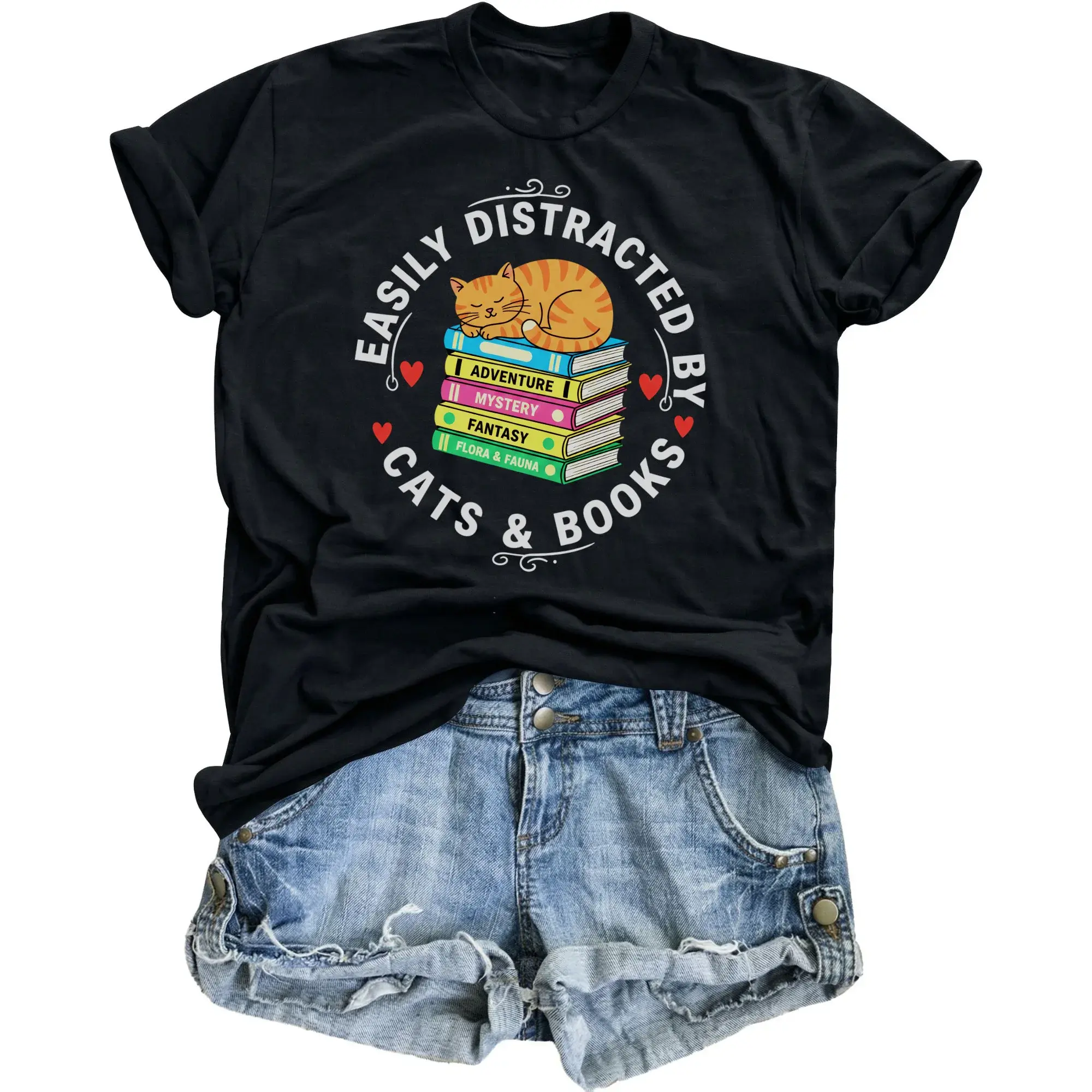 Graphic Tee Easily by Cats and Books Unisex T-Shirt Reading Lover Gift Casual Short Sleeve Crewneck Top