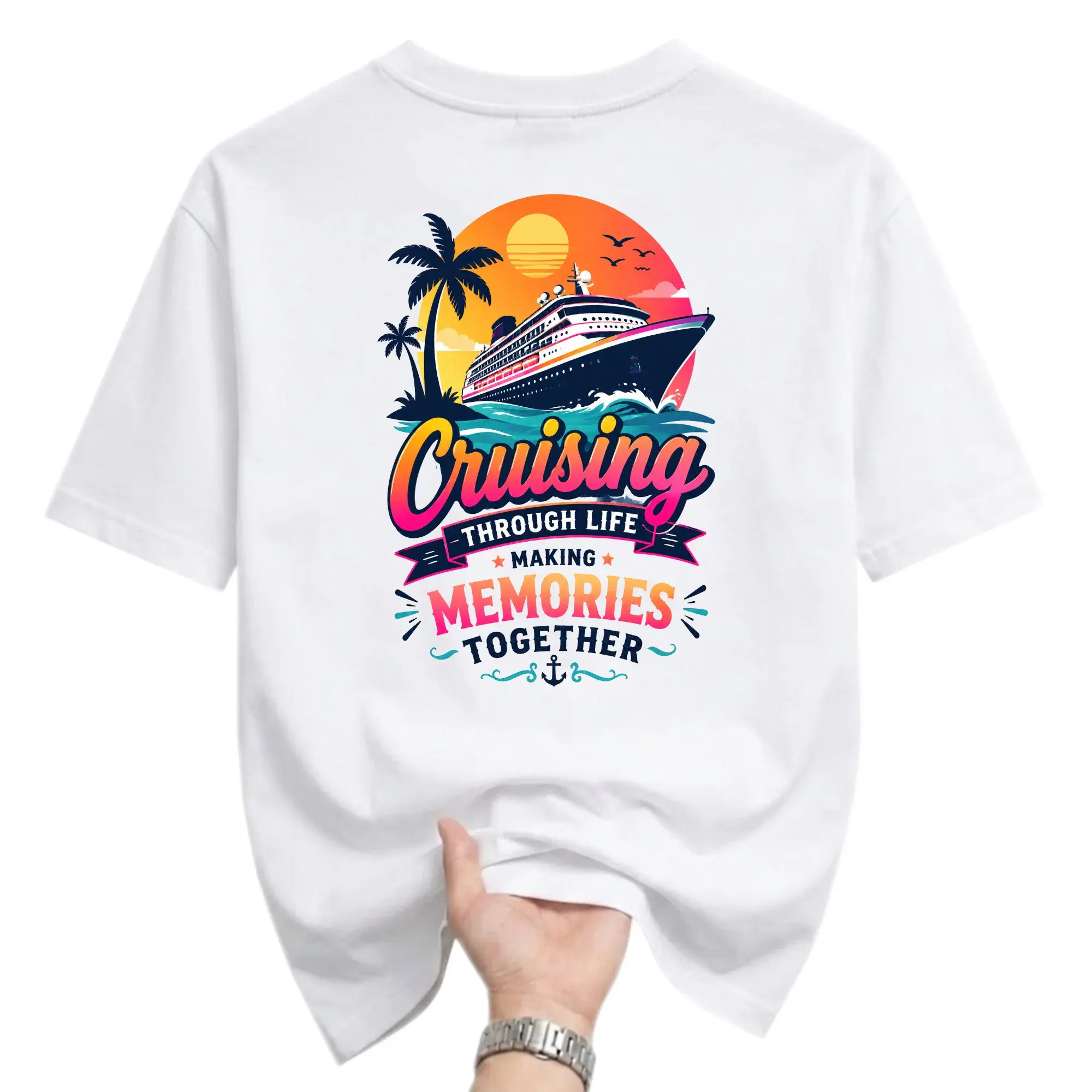 Graphic Tee Cruising Through Life Tropical Cruise Ship Design Unisex Crew Neck Shirt