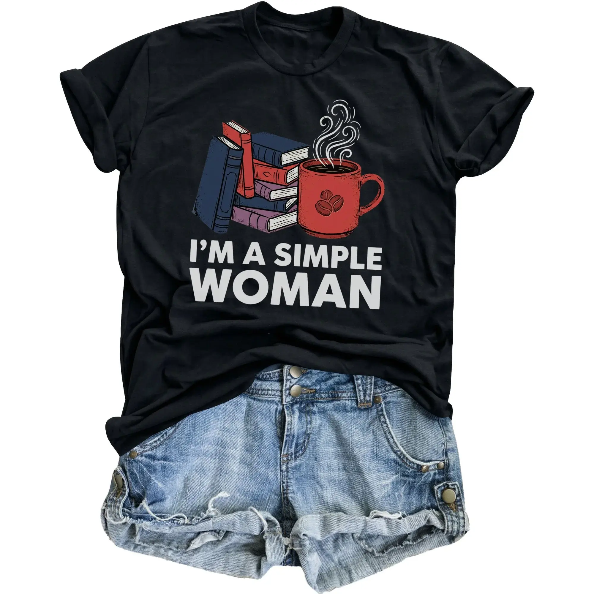 Funny Graphic Tee Woman Coffee and Books Design Unisex Crew Neck Short Sleeve Casual Cotton Blend T-Shirt