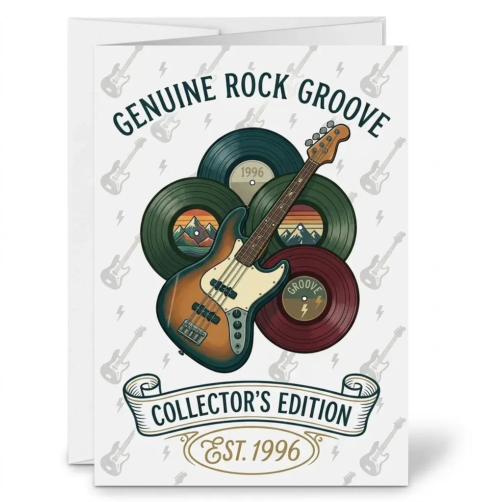Greeting Card Vintage Bass Guitar Design Music Lover Gift Music Theme Folded Stationery With Matching White Envelope