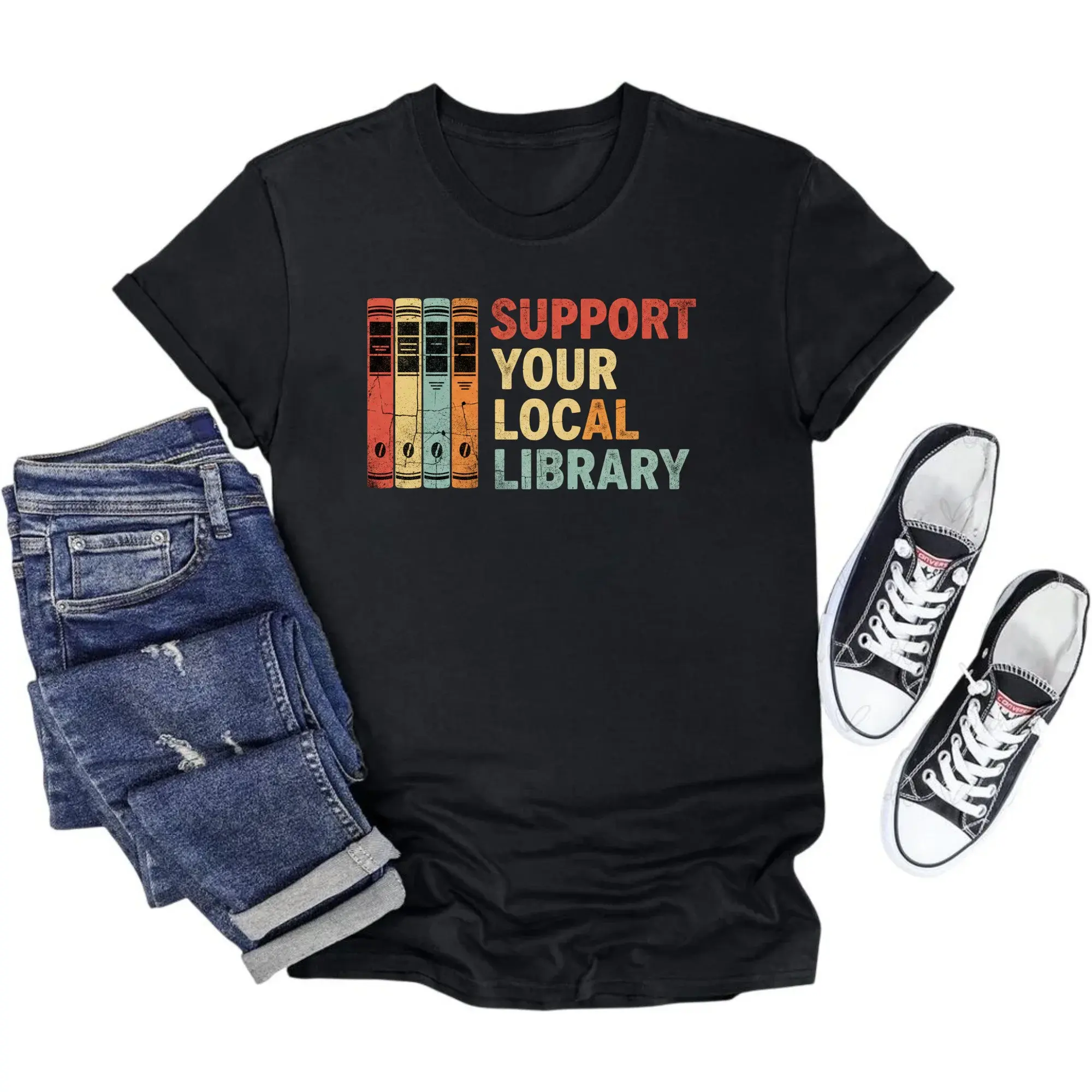 T-shirt Support Your Library Graphic Tee Vintage Book Lover Unisex Apparel for Casual Everyday Wear and Outfits