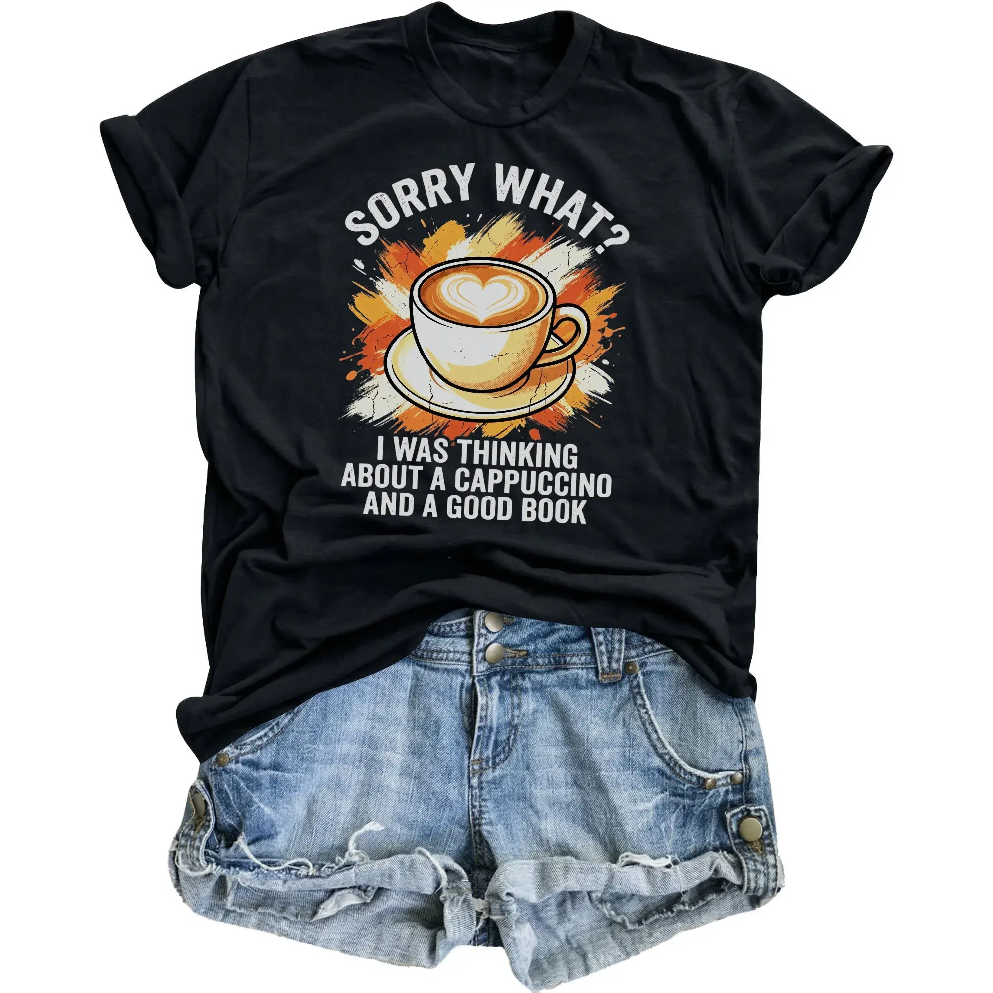 Funny Graphic Tee Sorry What I Was Thinking About a Cappuccino and Book Unisex Cotton Casual Crew Neck Shirt