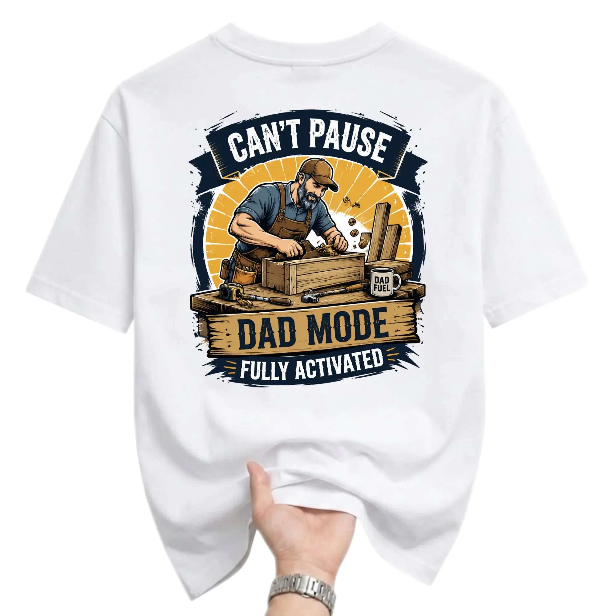 Funny Shirt Can't Dad Mode Fully Activated Graphic Tee Unisex Woodworking Carpenter Casual Crew Neck Cotton Top
