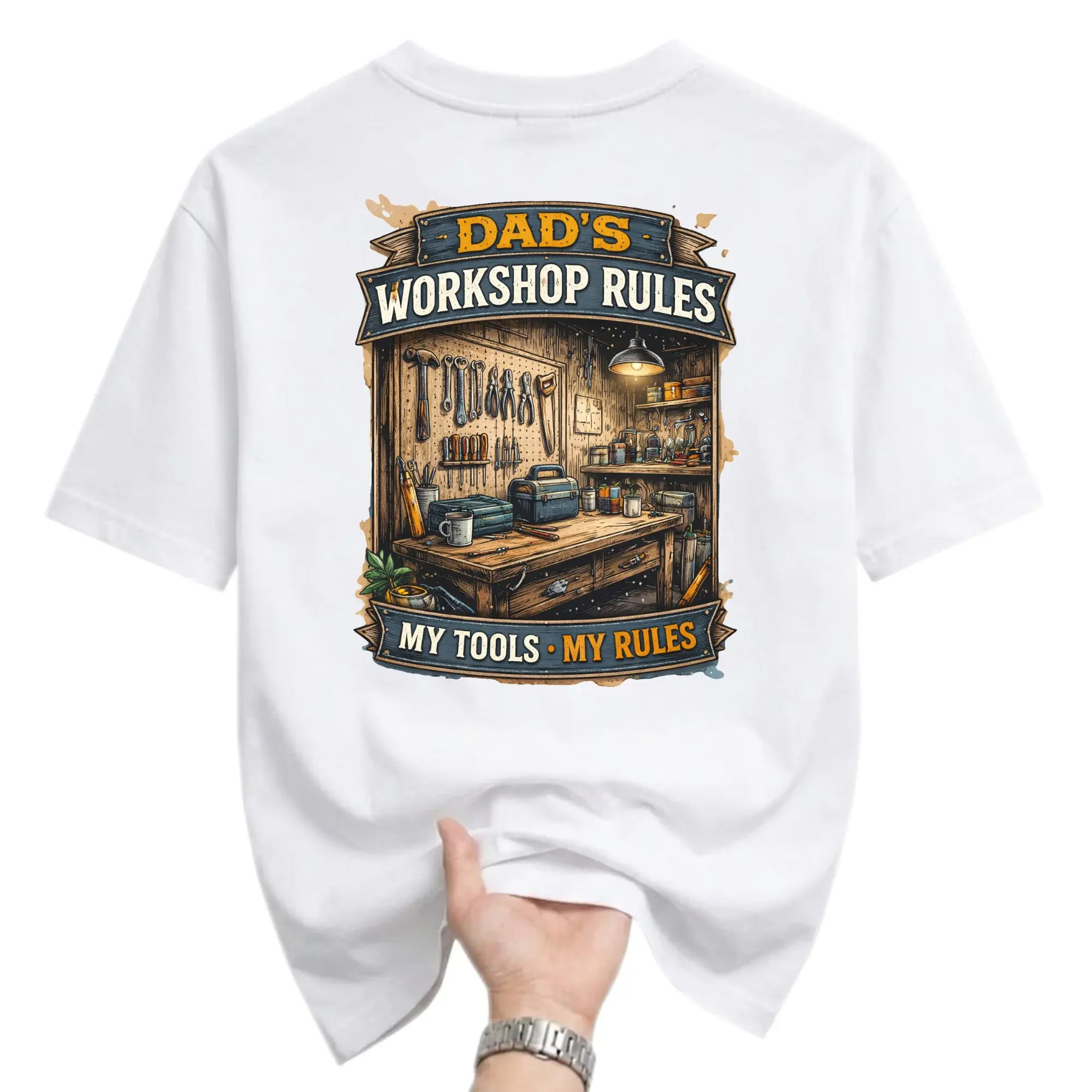 Funny Shirt Dad Workshop Rules Graphic Tee Custom Printed Unisex Short Sleeve Casual Apparel for Everyday Comfort