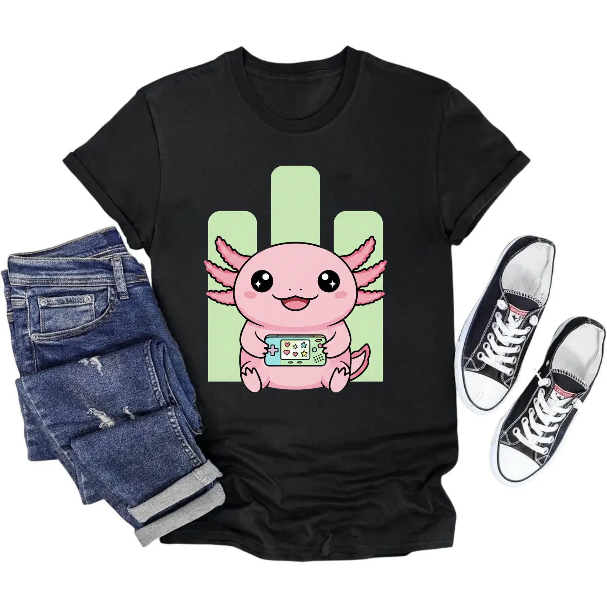 Graphic Tee Cute Gaming Axolotl Unisex Cotton Blend T-Shirt for Casual Everyday Wear and Unique Expression