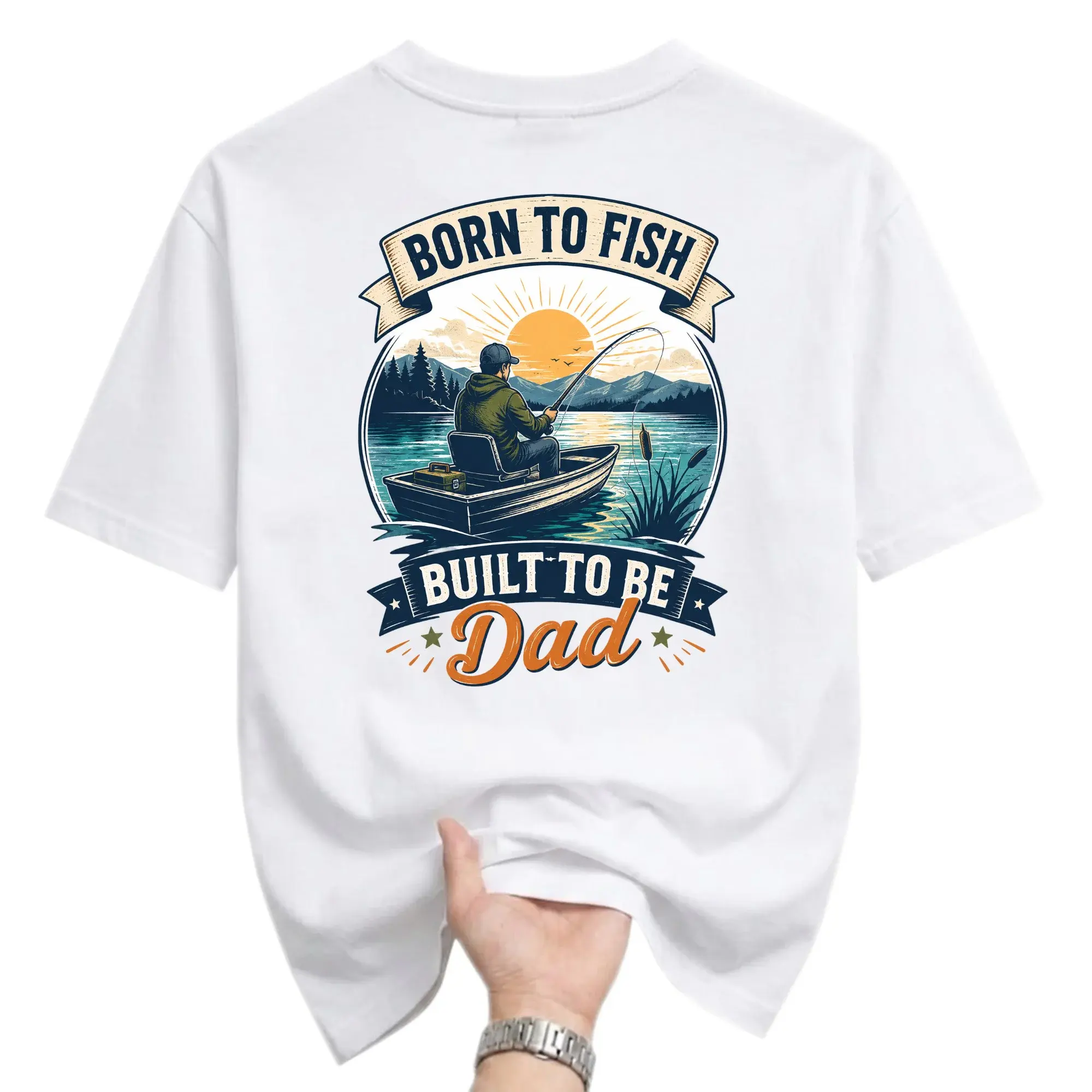 Funny Shirt Born to Fish Built to Be Dad Graphic Tee for Fisherman Casual Crew Neck Unisex Cotton Blend Top