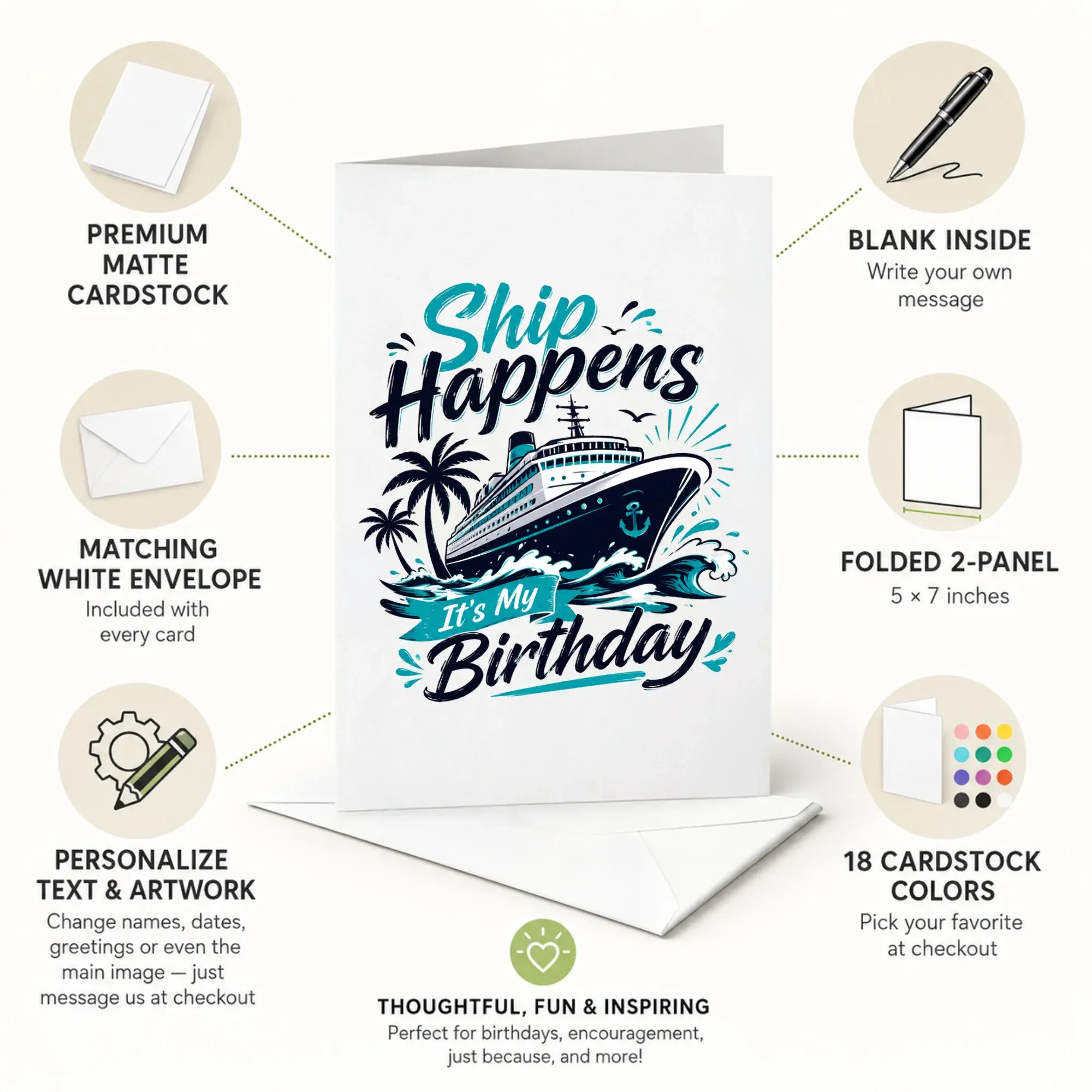 Funny Ship Happens Birthday Card Nautical Greeting Card with Envelope for Ocean Lovers and Cruise Enthusiasts
