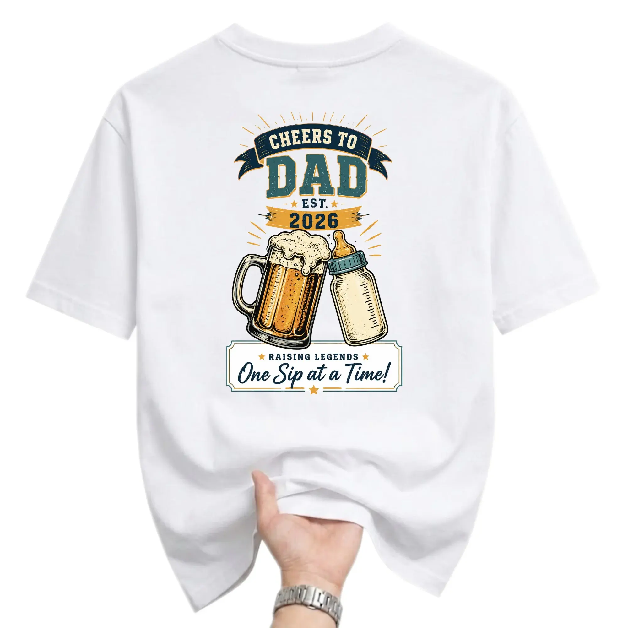 Funny Shirt Cheers to Dad Est 2026 Beer and Bottle Graphic Tee Unisex Casual Crew Neck Comfortable Cotton Blend