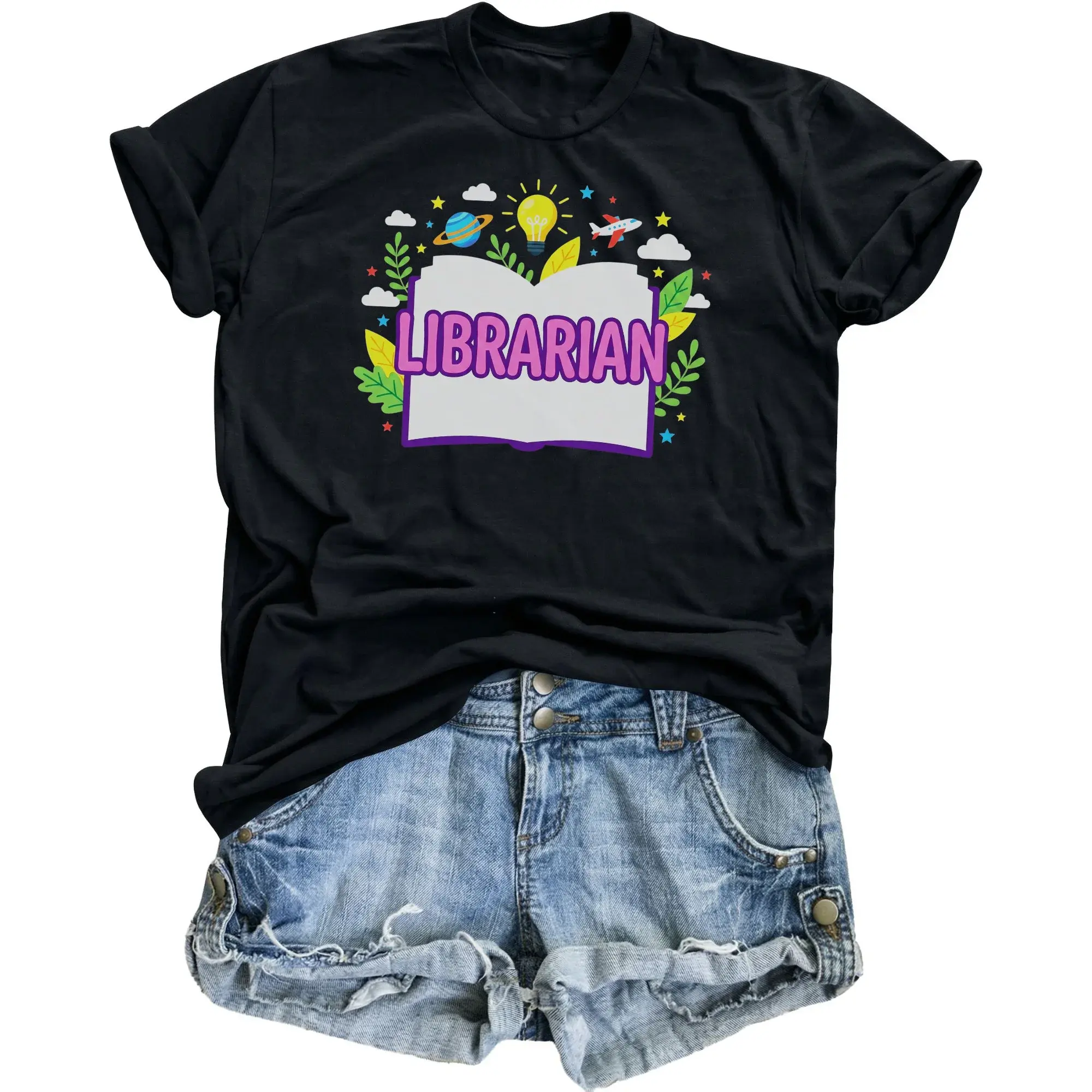 Graphic Tee Librarian Book Print Unisex Crew Neck Casual Everyday Shirt for Reading Enthusiasts and Library Staff