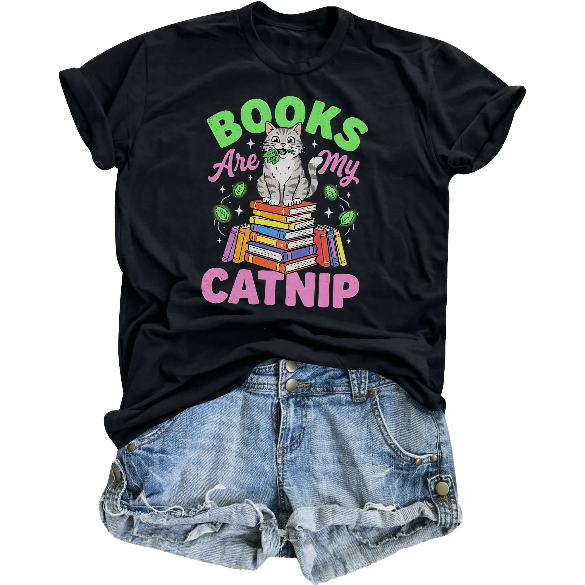 Funny Graphic Tee Books Are My Catnip Novelty Reading Lover T-Shirt Unisex Casual Short Sleeve Crewneck Top