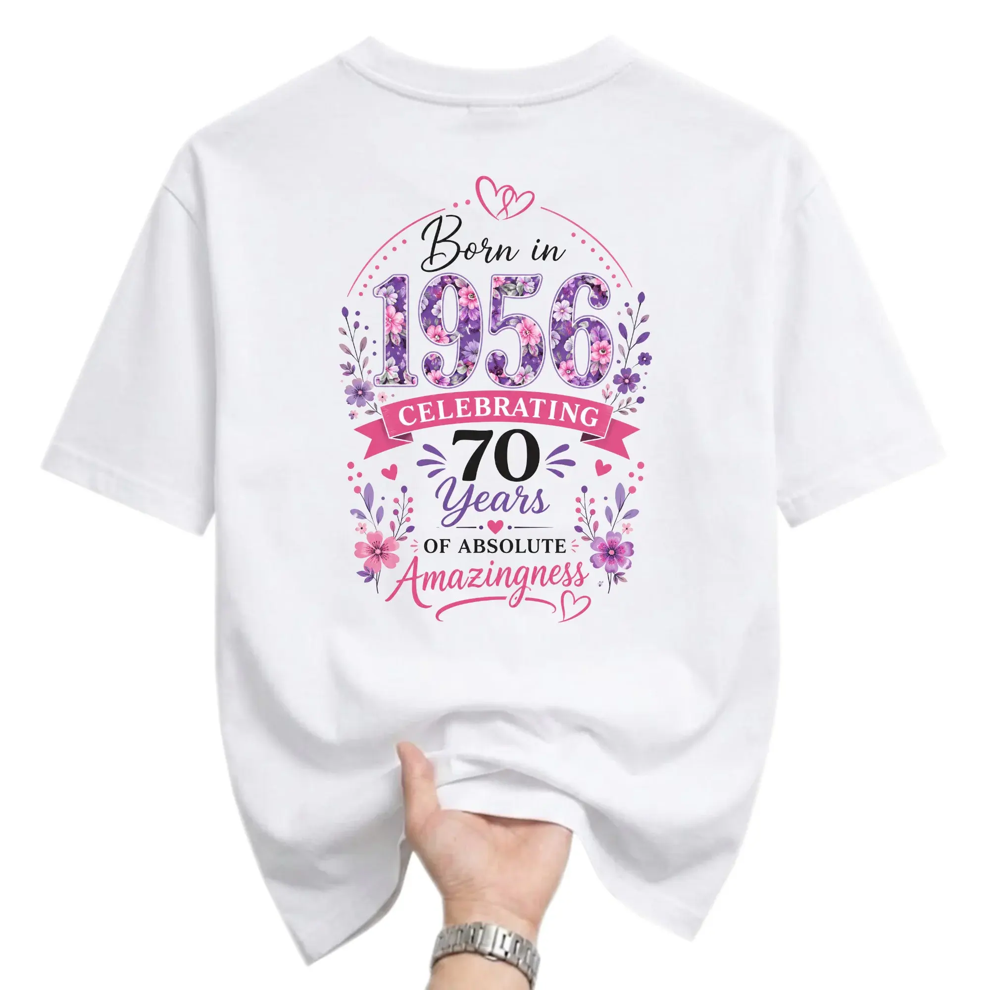 Graphic Tee Born in 1956 Celebrating 70 Years of Absolute Amazingness Floral Design Unisex Casual Crew Neck T-Shirt
