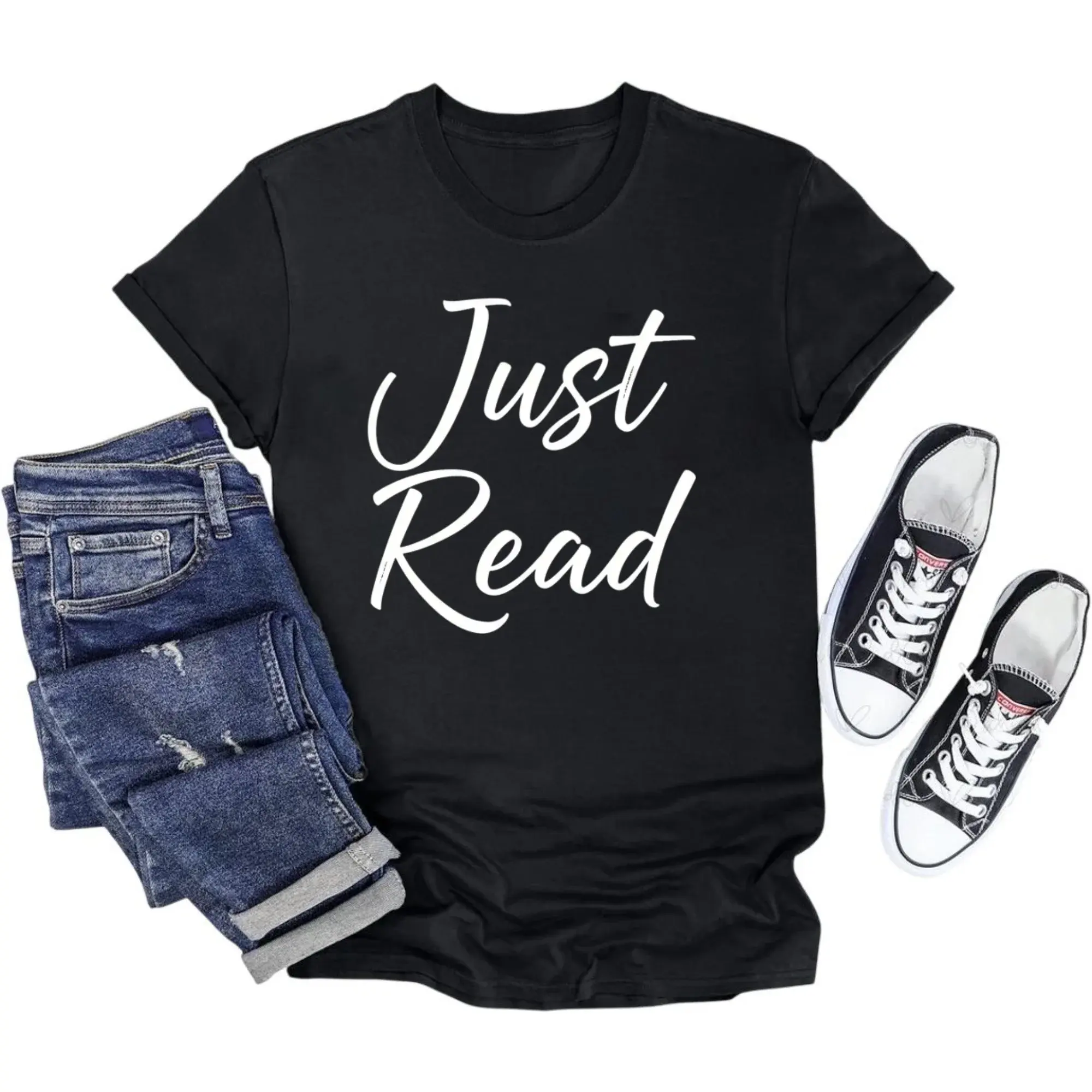 Graphic Tee Just Read Unisex Short Sleeve Crew Neck Casual Shirt Comfortable Soft Cotton Blend Apparel for Everyday Wear