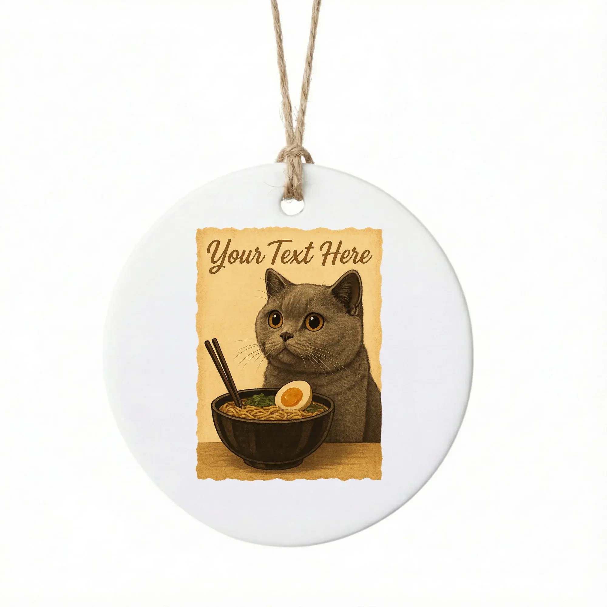 Christmas Ornament Ceramic Round Holiday Decoration Featuring Cute Grey Cat Eating a Bowl of Japanese Ramen Noodles