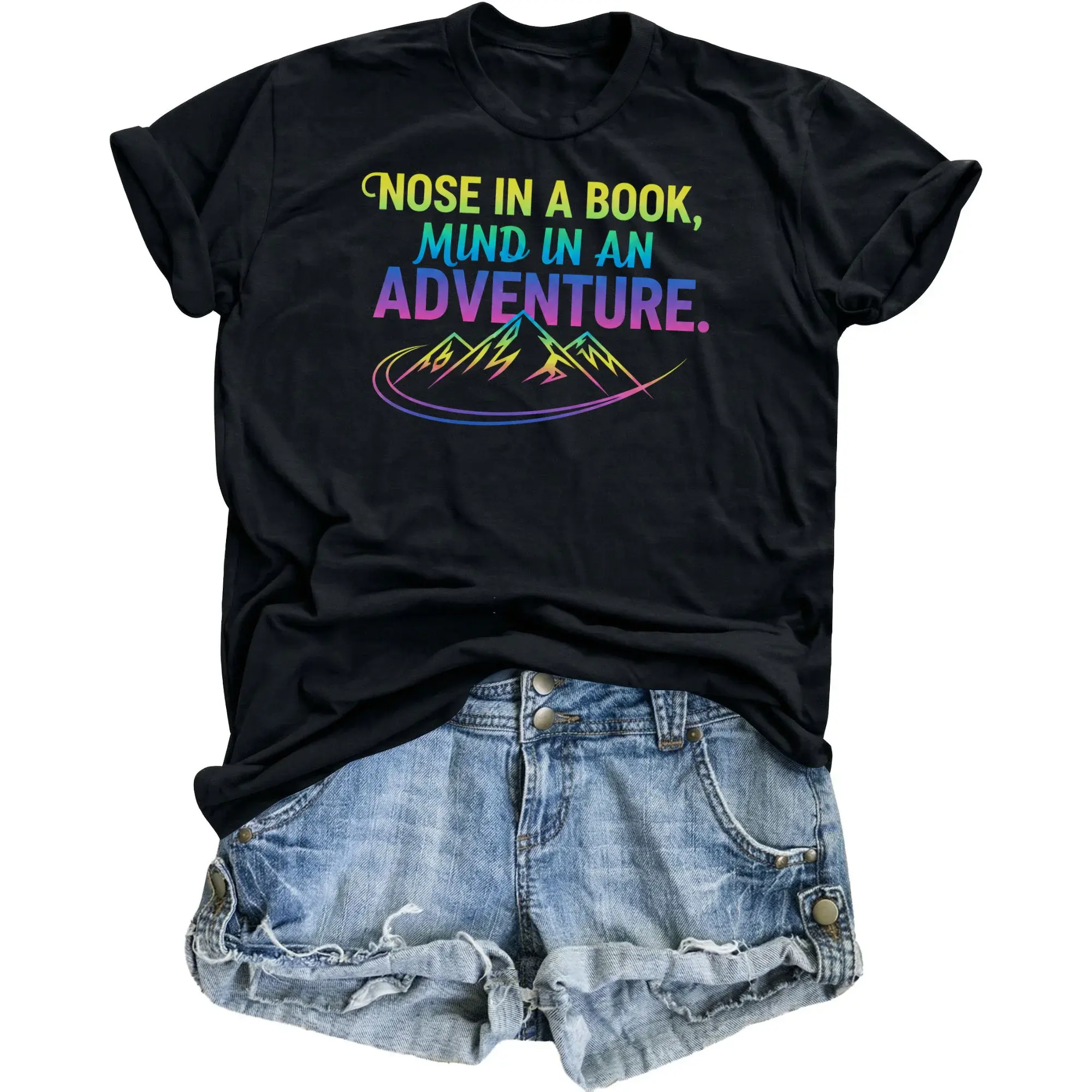 Graphic Tee Nose in a Book Mind in an Adventure Quote Shirt Unisex Cotton Blend Casual Crew Neck Reading Apparel