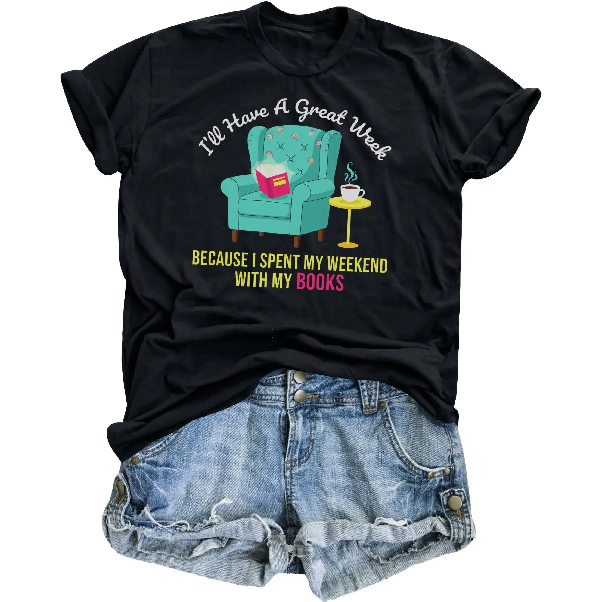 Funny Graphic Tee Reading Lover Gift Unisex Shirt I Spent My Weekend with My Books Quote Casual Apparel Top