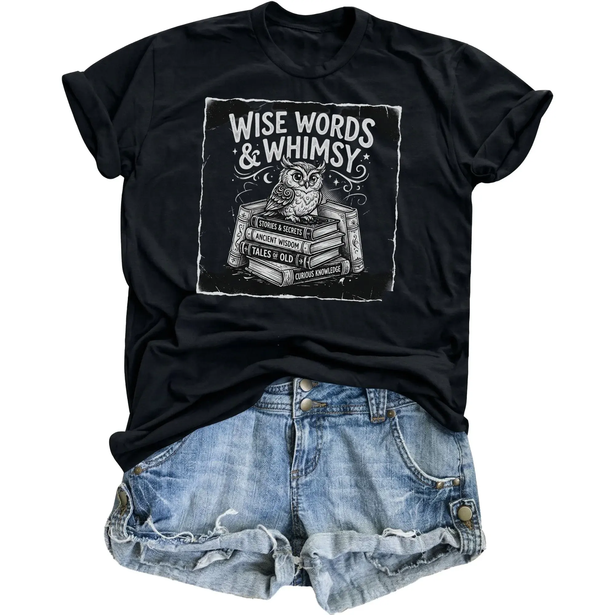 Graphic Tee Wise Words and Owl with Books Design Unisex Crew Neck Soft Cotton Blend Casual Summer Short Sleeve