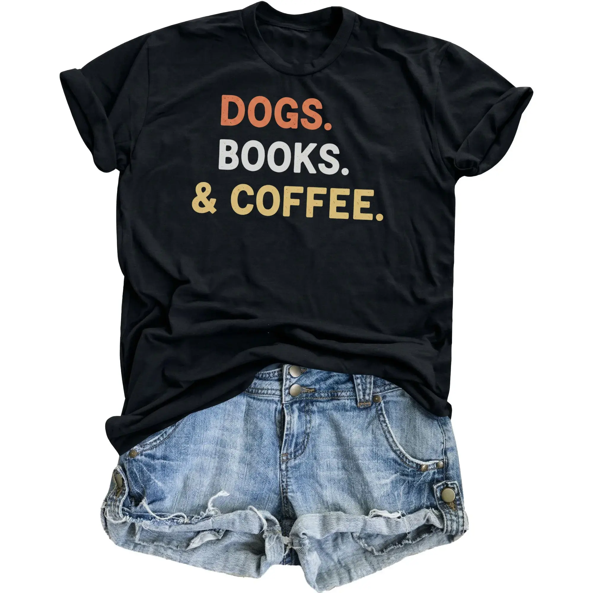 Graphic Tee Dogs Books and Coffee Unisex Crew Neck Shirt Casual Soft Cotton Blend Everyday Comfortable