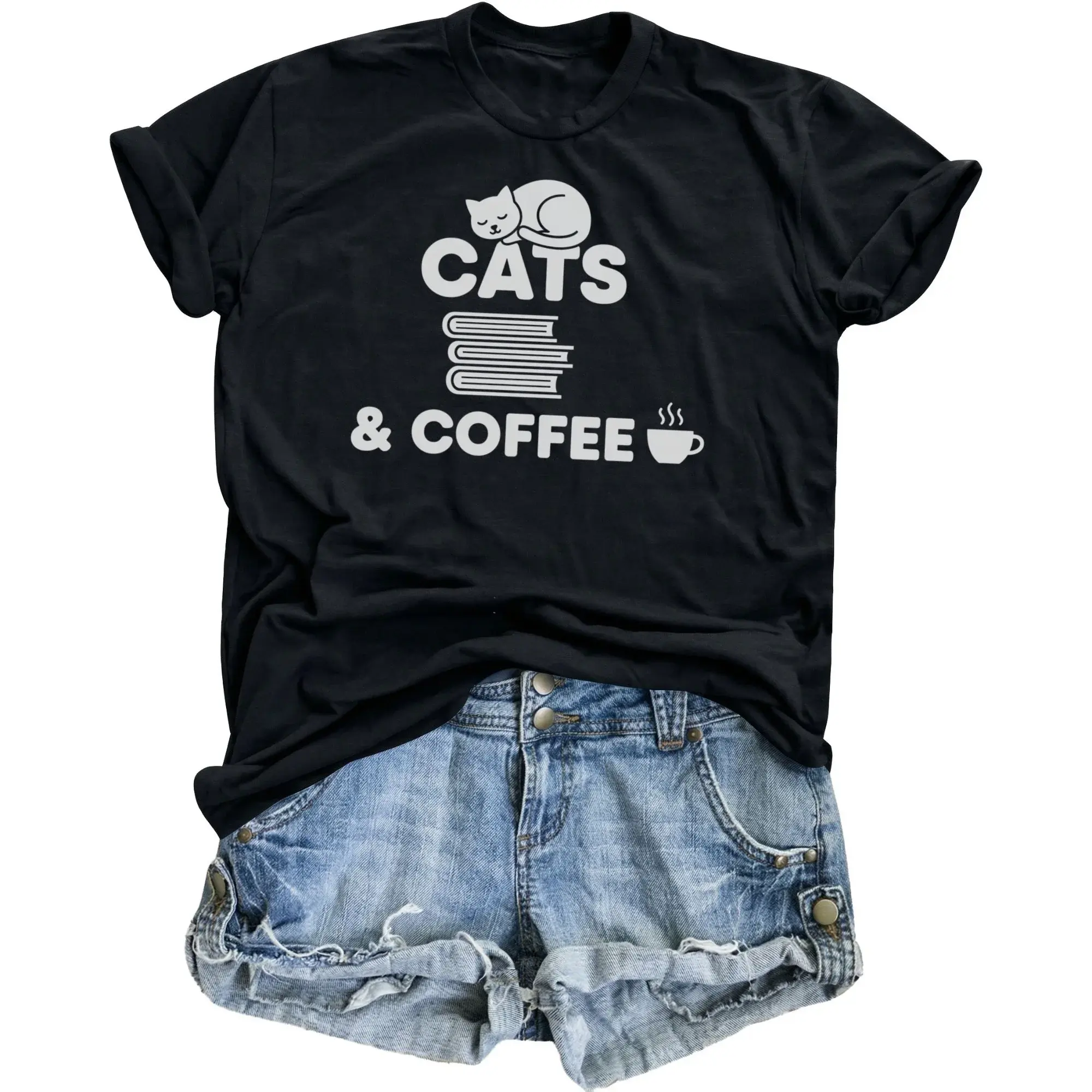 Graphic Tee Cats and Coffee Funny Reader T-Shirt Unisex Crew Neck Casual Everyday Wear Soft Cotton Apparel Black