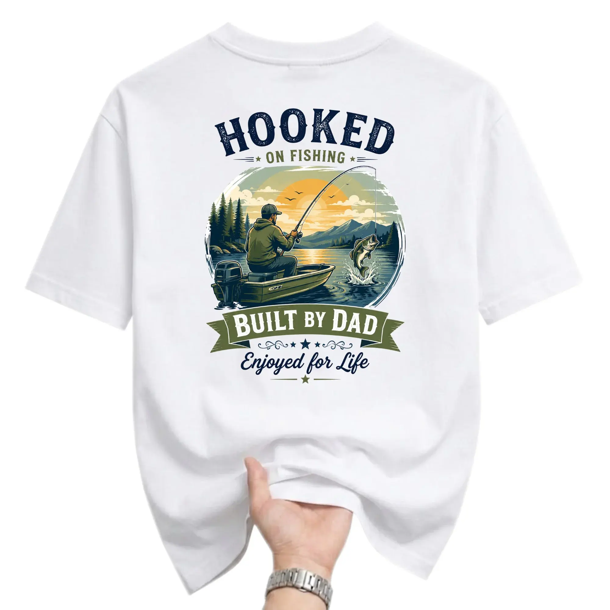 Graphic Tee on Fishing Built by Dad Outdoors Adventure Unisex Crew Neck Short Sleeve Casual Cotton Shirt