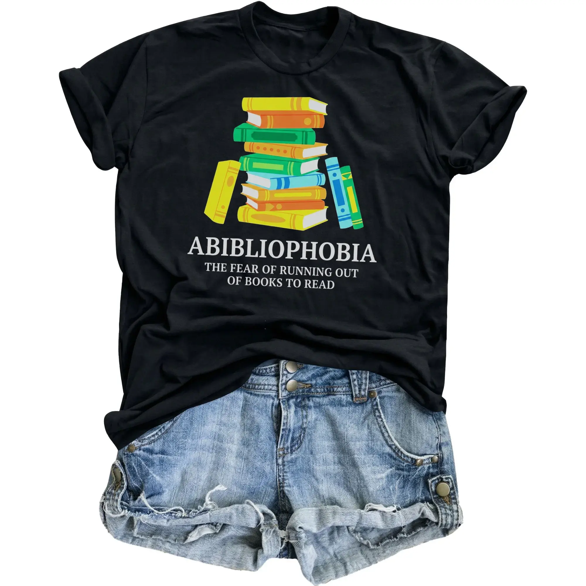 Funny Graphic Tee Abibliophobia Shirt for Book Lovers Unisex Crew Neck Casual Cotton Blend Reading Enthusiast Top