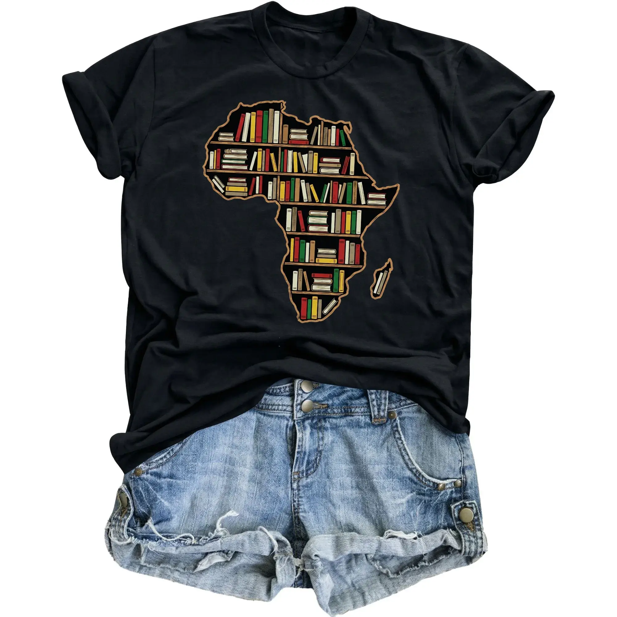Graphic Tee Africa Map Book Lover Design Unisex Crew Neck Short Sleeve Cotton Blend Casual Everyday Shirt Top