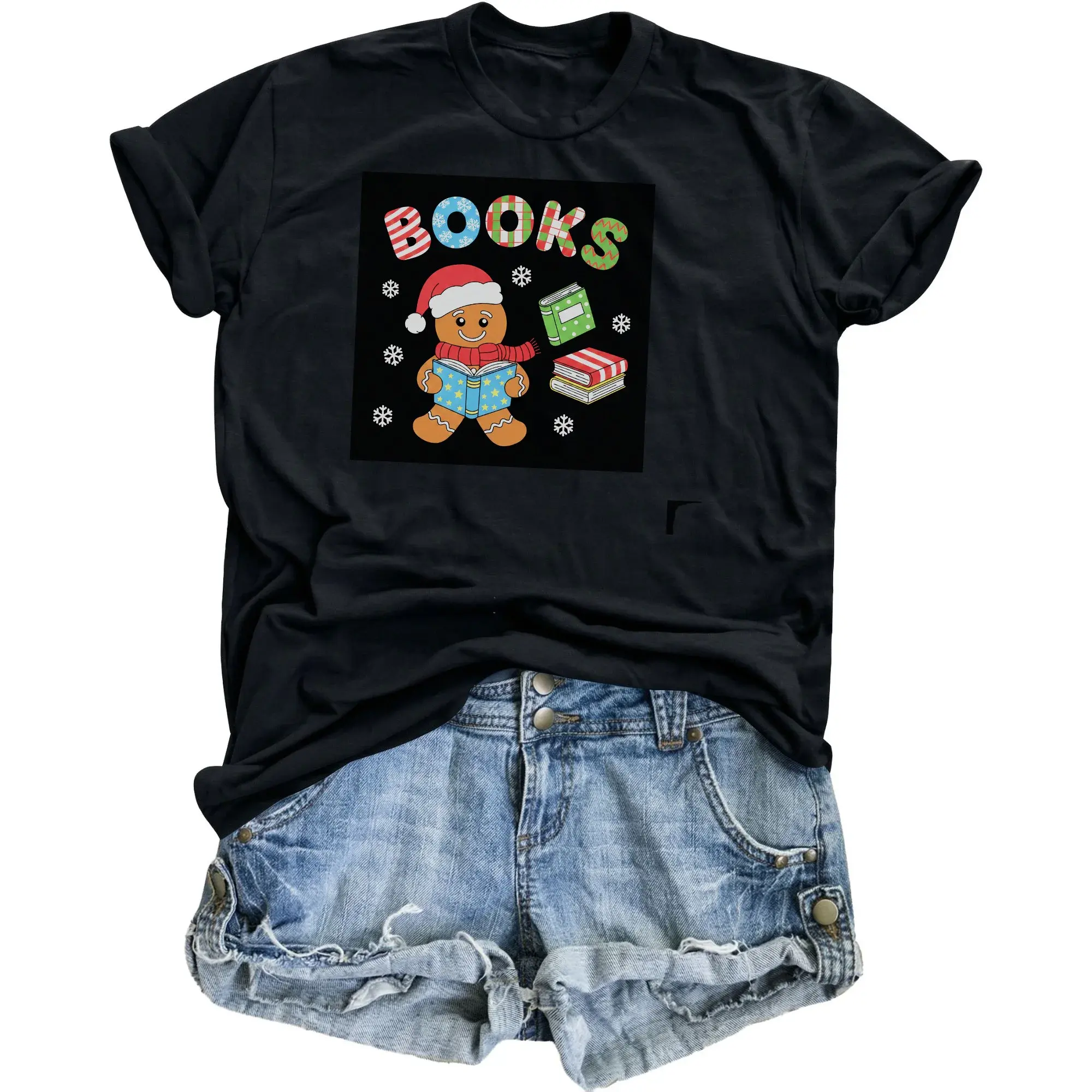 Graphic Tee Gingerbread Reading Books Holiday Season Unisex Crew Neck Casual Everyday Printed Cotton T-Shirt