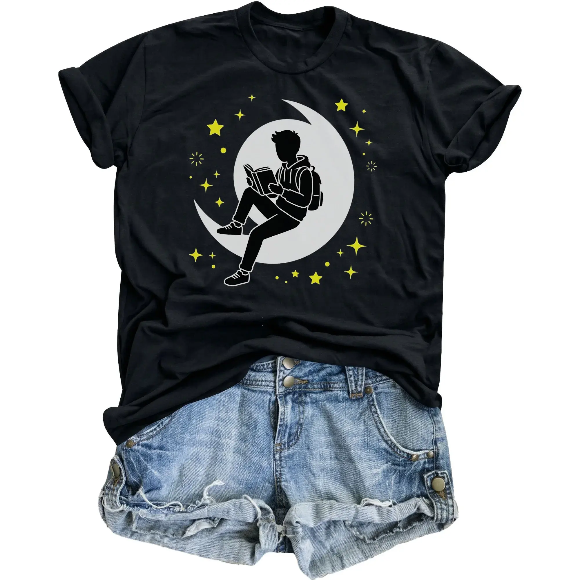 Graphic Tee Reading on the Moon Shirt for Book Lovers Unisex Casual Apparel Starry Night Literature Inspired Top