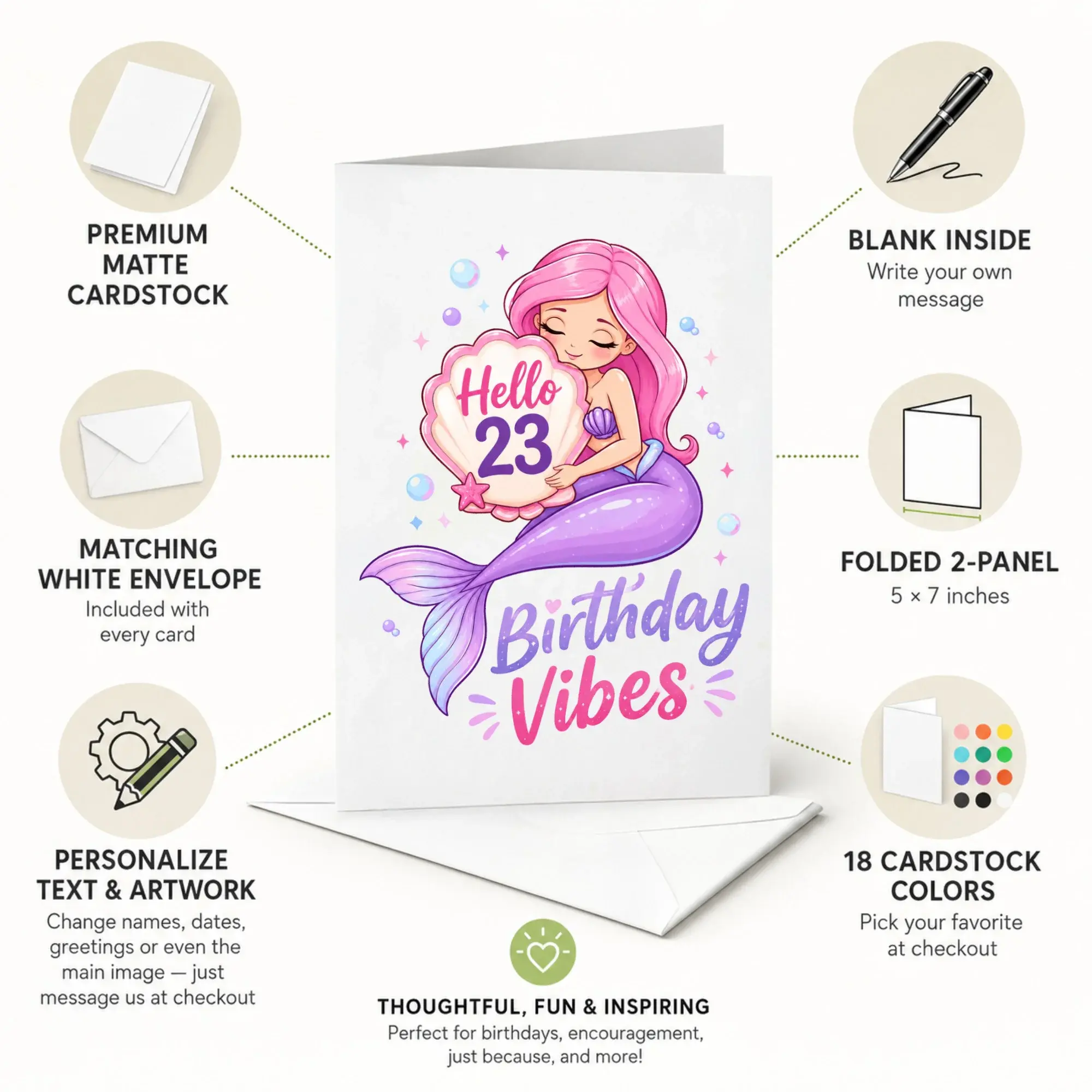 Birthday Card Hello 23 Birthday Vibes Mermaid Illustration for Women and Teens Greeting Card with Matching Envelope