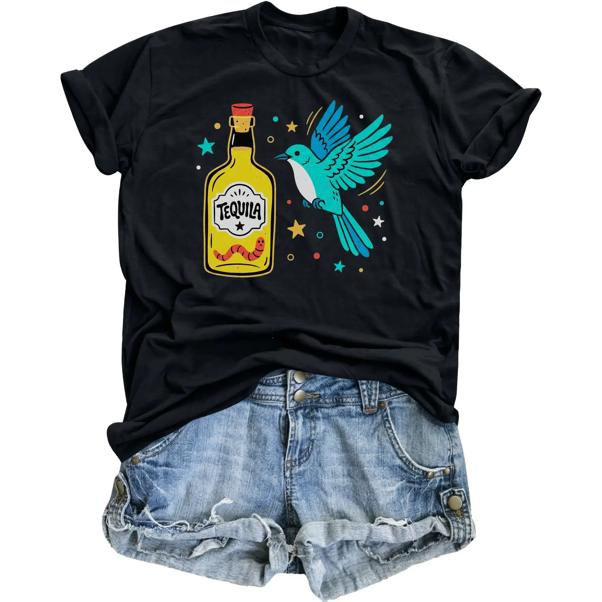Graphic Tee Tequila Bottle and Bird Print Unisex Casual Crew Neck T-Shirt for Everyday Wear Style
