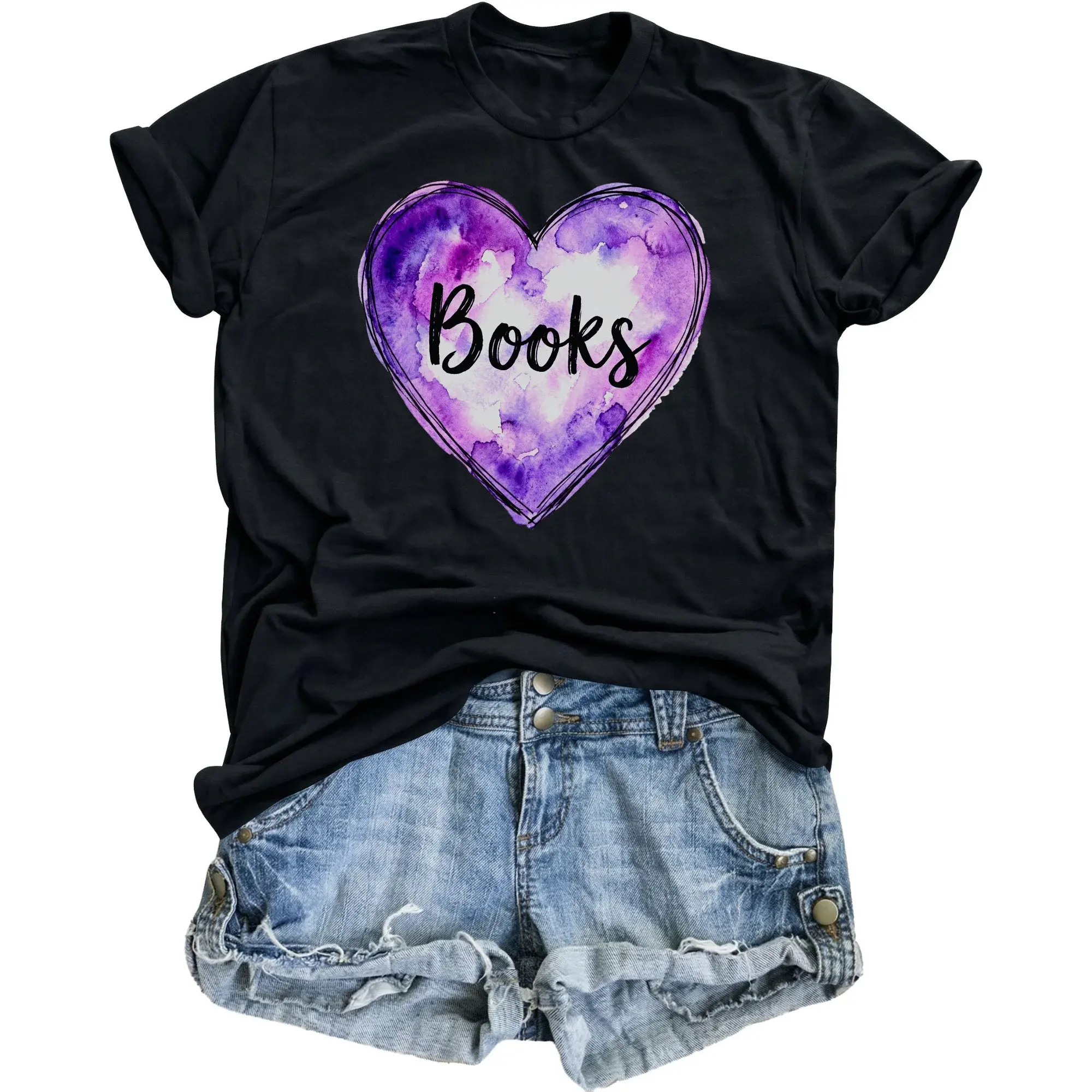 Graphic Tee Books Heart Print Unisex Casual Crew Neck T-Shirt for Readers and Literature Enthusiasts