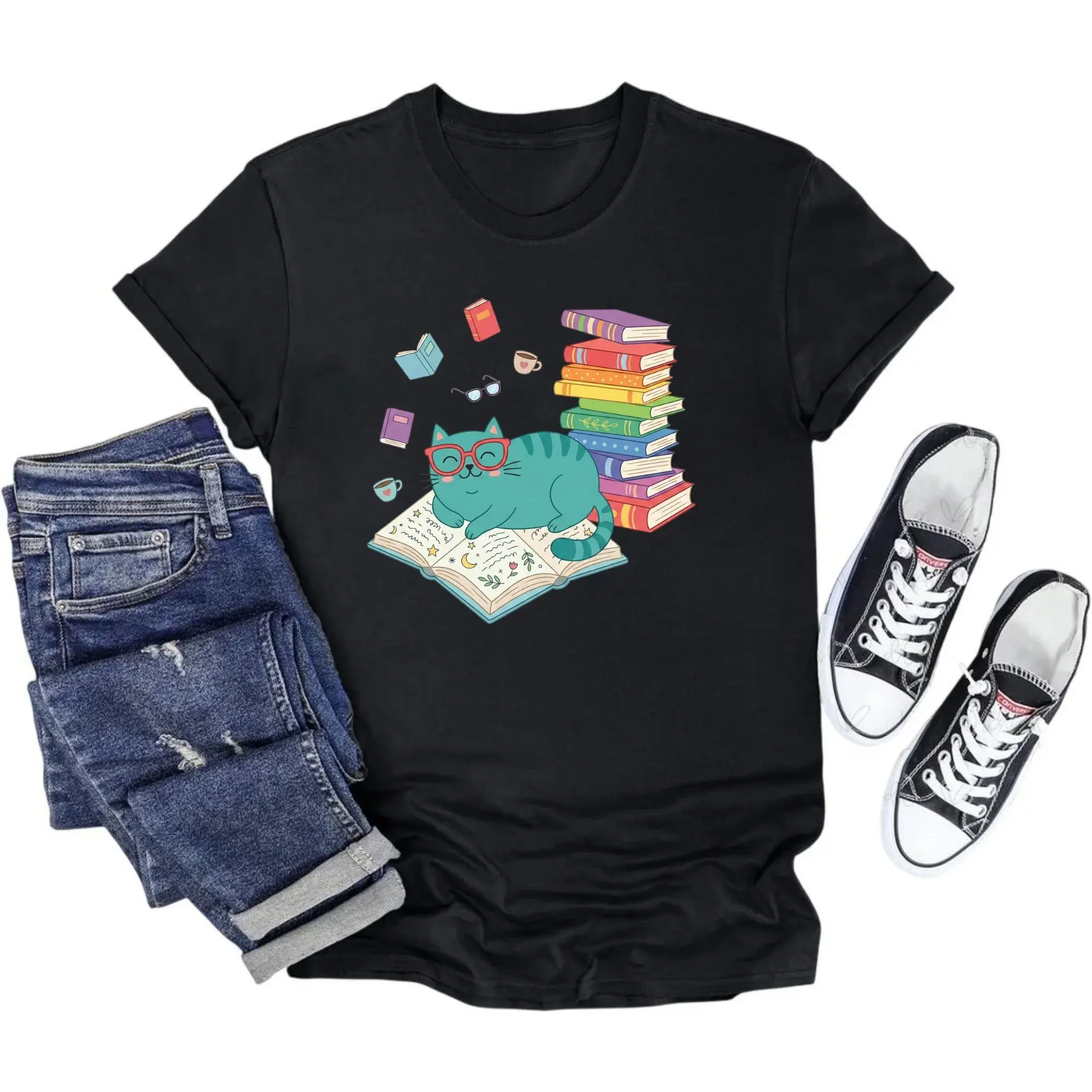 Graphic Tee Reading Cat Print Unisex Casual Crew Neck T-Shirt Comfortable Cotton Blend Literary Apparel for Everyday