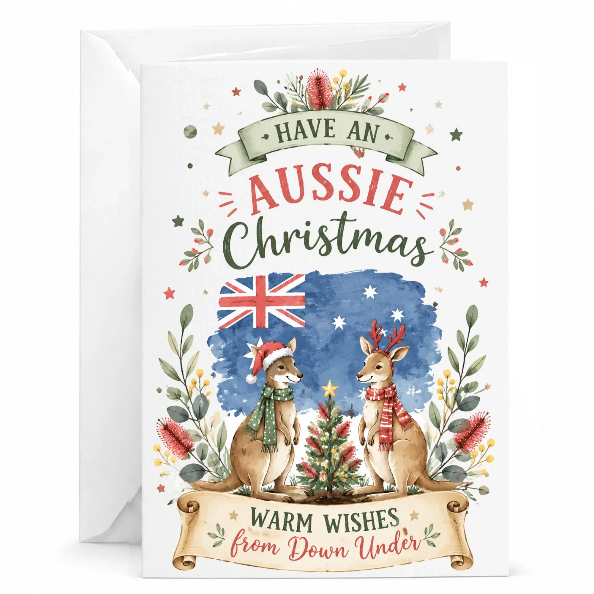 Greeting Card Aussie Christmas Holiday Note with Two Kangaroos Watercolor Design for Seasonal Greetings and Gift Giving