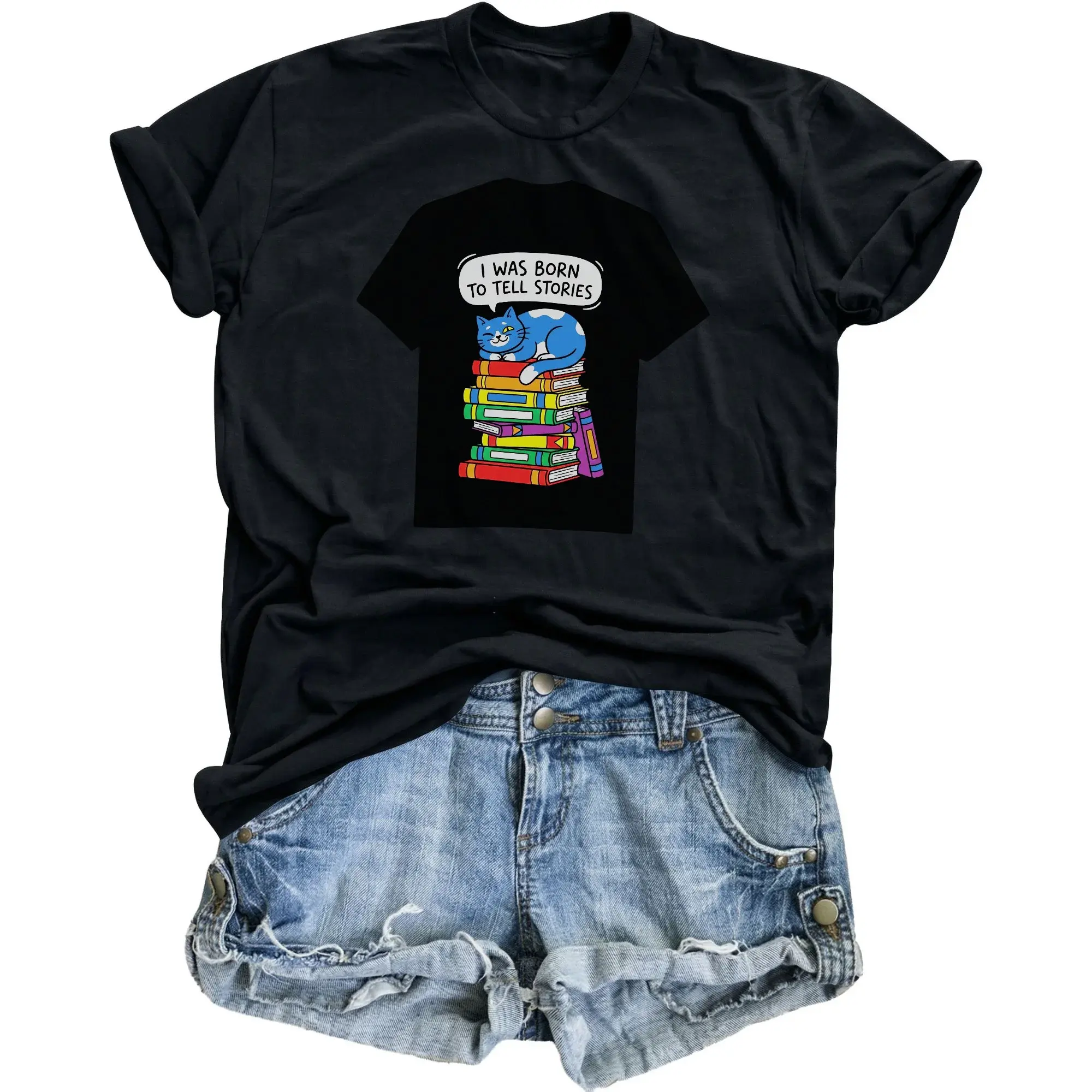 Graphic Tee I Was Born to Tell Stories Cat on Books Illustration Unisex Cotton Blend Casual Crew Neck Shirt