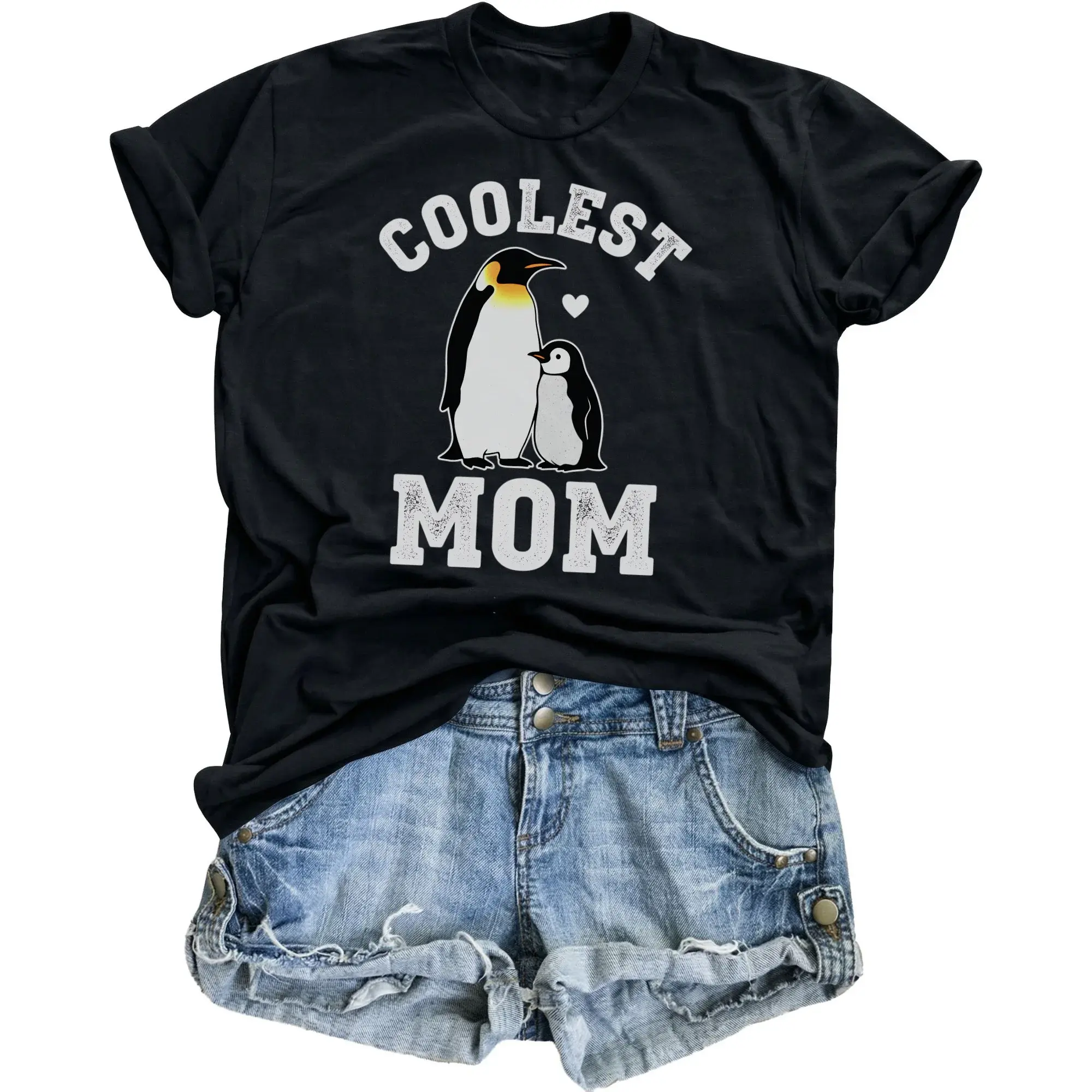 Graphic Tee Coolest Mom Penguin Lover Unisex Short Sleeve Crew Neck Cotton Blend Casual Apparel Gift Shirt